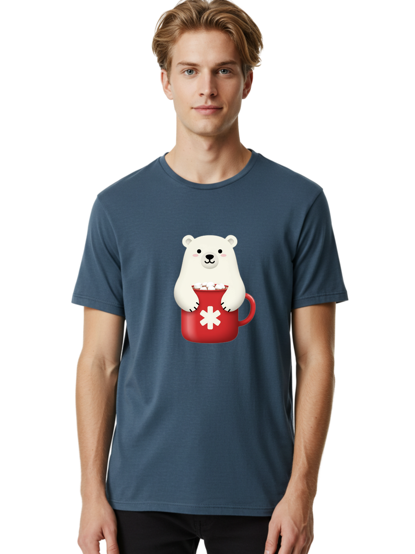 Cute-Panda-In-Cup Men'S Graphic Tee, 100% Cotton, Comfortable Casual Summer Wear, Machine Washable, White Polar Bear, Holding Red Mug, Marshmallows, Cute Cartoon Character, Winter Drink, Hot Chocolate, Medical Symbol Bae430