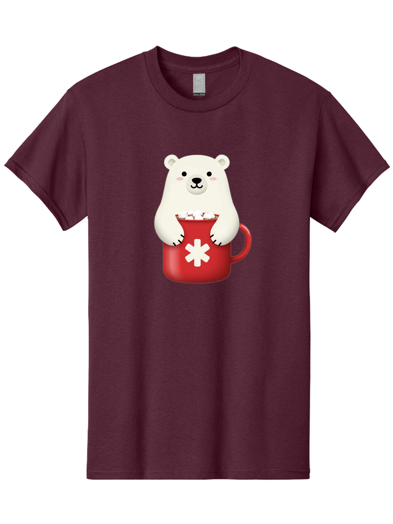 Cute-Panda-In-Cup Men'S Graphic Tee, 100% Cotton, Comfortable Casual Summer Wear, Machine Washable, White Polar Bear, Holding Red Mug, Marshmallows, Cute Cartoon Character, Winter Drink, Hot Chocolate, Medical Symbol Bae430