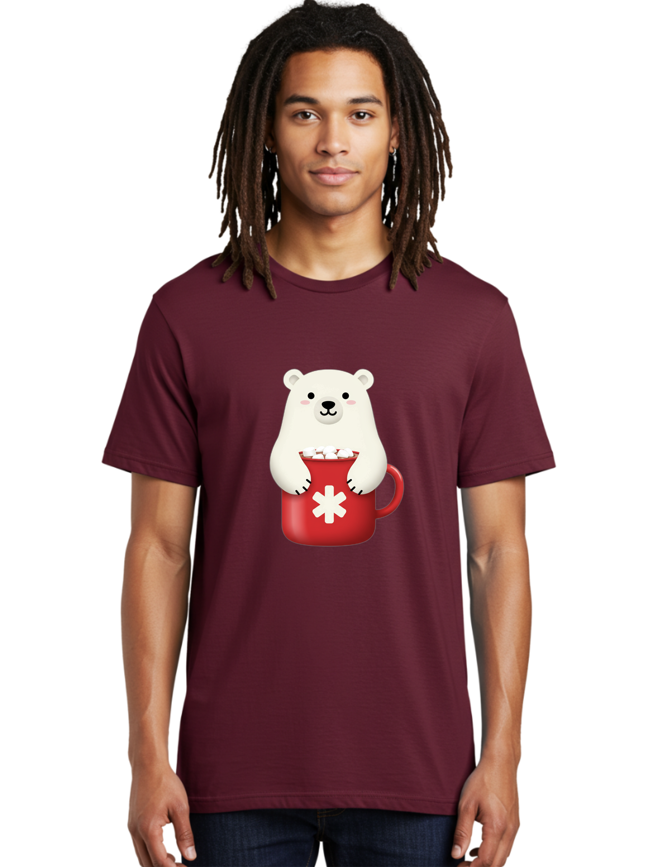 Cute-Panda-In-Cup Men'S Graphic Tee, 100% Cotton, Comfortable Casual Summer Wear, Machine Washable, White Polar Bear, Holding Red Mug, Marshmallows, Cute Cartoon Character, Winter Drink, Hot Chocolate, Medical Symbol Bae430
