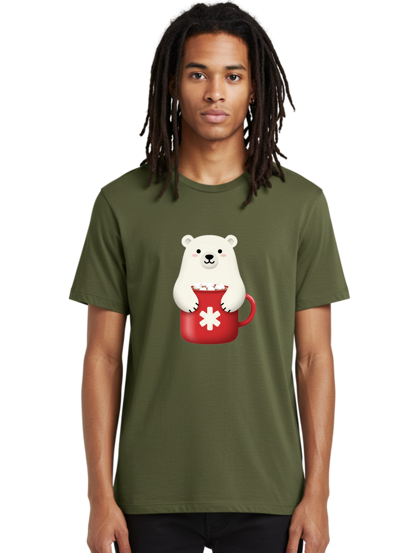 Cute-Panda-In-Cup Men'S Graphic Tee, 100% Cotton, Comfortable Casual Summer Wear, Machine Washable, White Polar Bear, Holding Red Mug, Marshmallows, Cute Cartoon Character, Winter Drink, Hot Chocolate, Medical Symbol Bae430