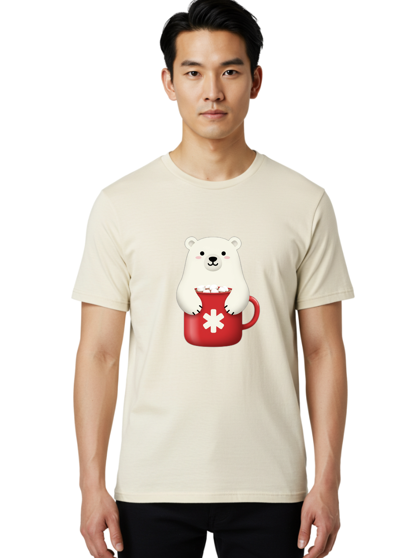 Cute-Panda-In-Cup Men'S Graphic Tee, 100% Cotton, Comfortable Casual Summer Wear, Machine Washable, White Polar Bear, Holding Red Mug, Marshmallows, Cute Cartoon Character, Winter Drink, Hot Chocolate, Medical Symbol Bae430