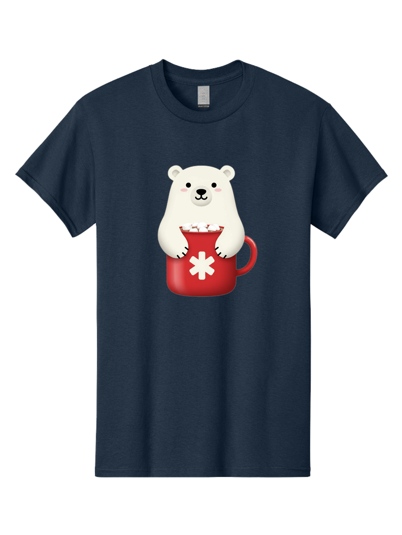 Cute-Panda-In-Cup Men'S Graphic Tee, 100% Cotton, Comfortable Casual Summer Wear, Machine Washable, White Polar Bear, Holding Red Mug, Marshmallows, Cute Cartoon Character, Winter Drink, Hot Chocolate, Medical Symbol Bae430
