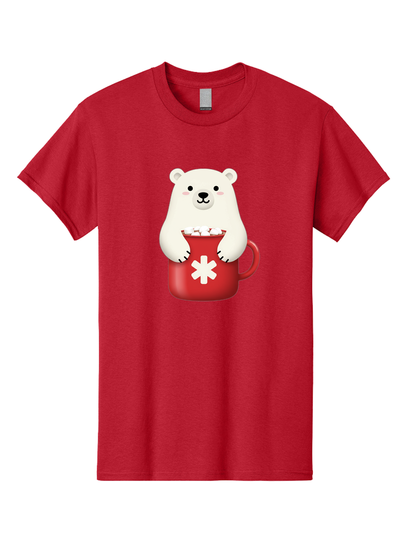 Cute-Panda-In-Cup Men'S Graphic Tee, 100% Cotton, Comfortable Casual Summer Wear, Machine Washable, White Polar Bear, Holding Red Mug, Marshmallows, Cute Cartoon Character, Winter Drink, Hot Chocolate, Medical Symbol Bae430