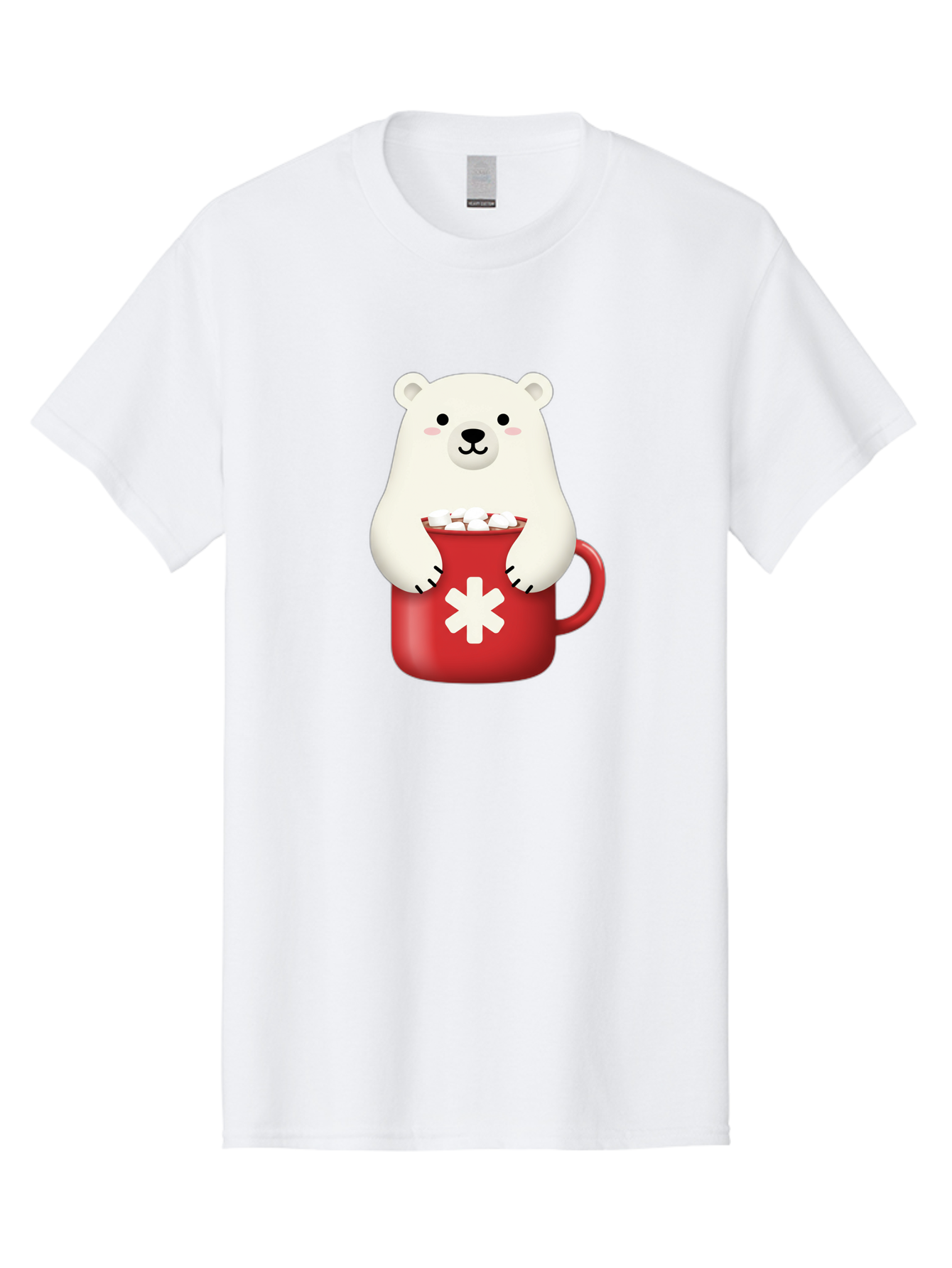 Cute-Panda-In-Cup Men'S Graphic Tee, 100% Cotton, Comfortable Casual Summer Wear, Machine Washable, White Polar Bear, Holding Red Mug, Marshmallows, Cute Cartoon Character, Winter Drink, Hot Chocolate, Medical Symbol Bae430