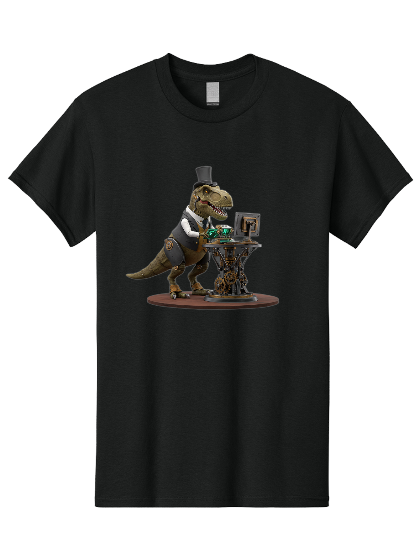 Dino-With-Top-Hat Men'S Graphic Tee, 100% Cotton, Comfortable Casual Summer Wear, Machine Washable, Robotic T-Rex, Top Hat, Steampunk, Computer, Steampunk Machinery, Metal Body, Cybernetic Dinosaur, Futuristic, Sci-Fi, Fantasy Creature, Bae437