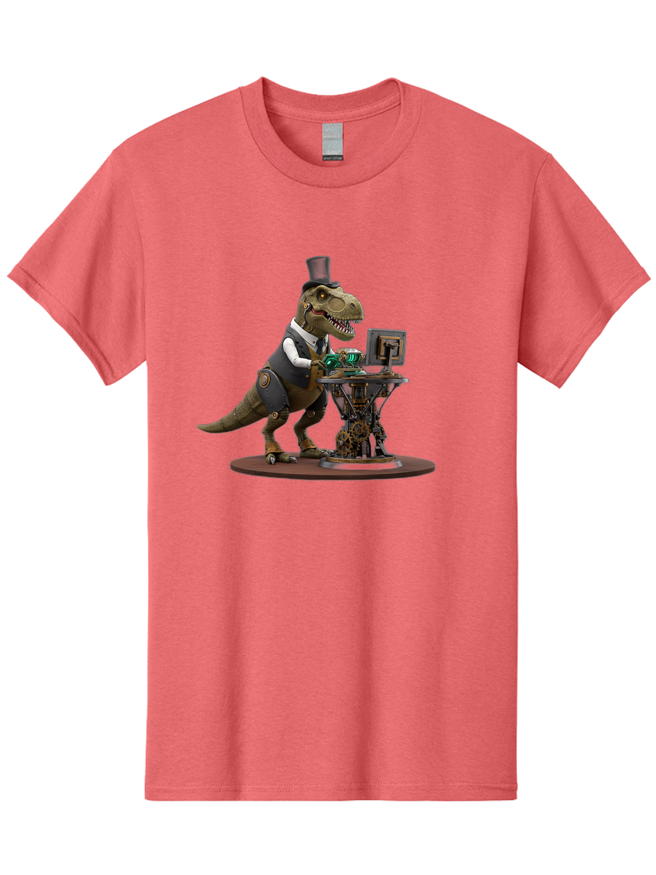 Dino-With-Top-Hat Men'S Graphic Tee, 100% Cotton, Comfortable Casual Summer Wear, Machine Washable, Robotic T-Rex, Top Hat, Steampunk, Computer, Steampunk Machinery, Metal Body, Cybernetic Dinosaur, Futuristic, Sci-Fi, Fantasy Creature, Bae437
