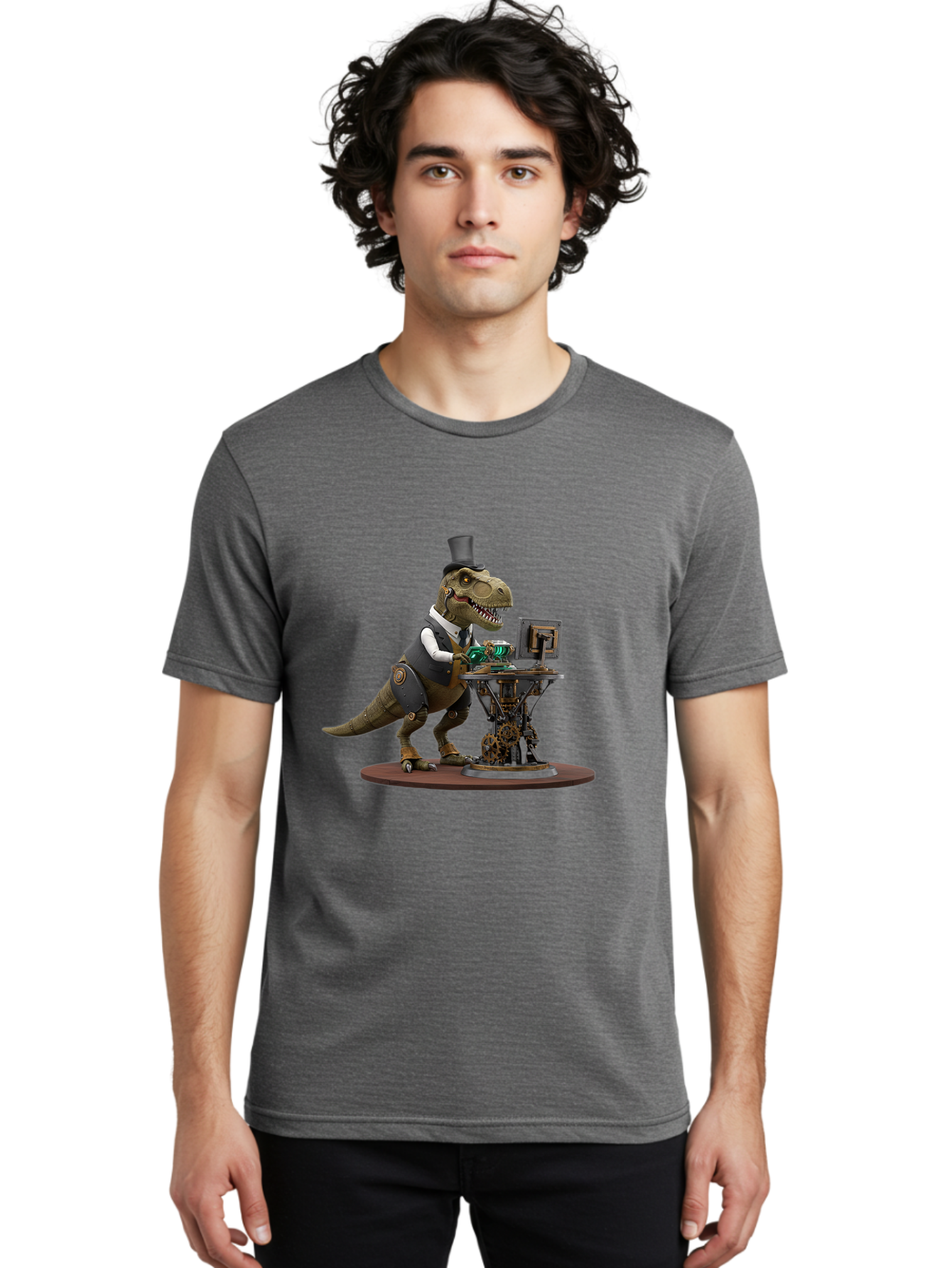 Dino-With-Top-Hat Men'S Graphic Tee, 100% Cotton, Comfortable Casual Summer Wear, Machine Washable, Robotic T-Rex, Top Hat, Steampunk, Computer, Steampunk Machinery, Metal Body, Cybernetic Dinosaur, Futuristic, Sci-Fi, Fantasy Creature, Bae437