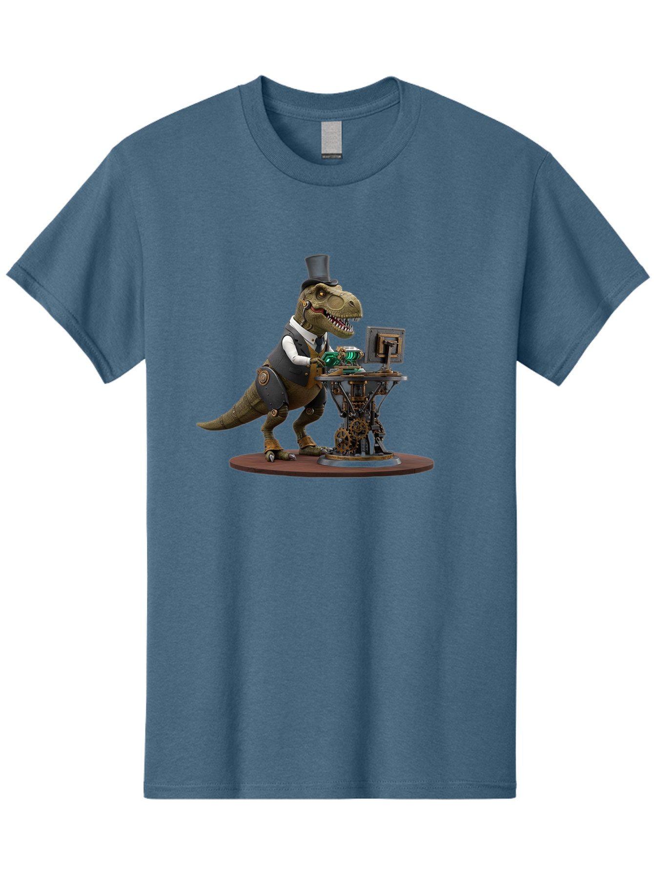 Dino-With-Top-Hat Men'S Graphic Tee, 100% Cotton, Comfortable Casual Summer Wear, Machine Washable, Robotic T-Rex, Top Hat, Steampunk, Computer, Steampunk Machinery, Metal Body, Cybernetic Dinosaur, Futuristic, Sci-Fi, Fantasy Creature, Bae437
