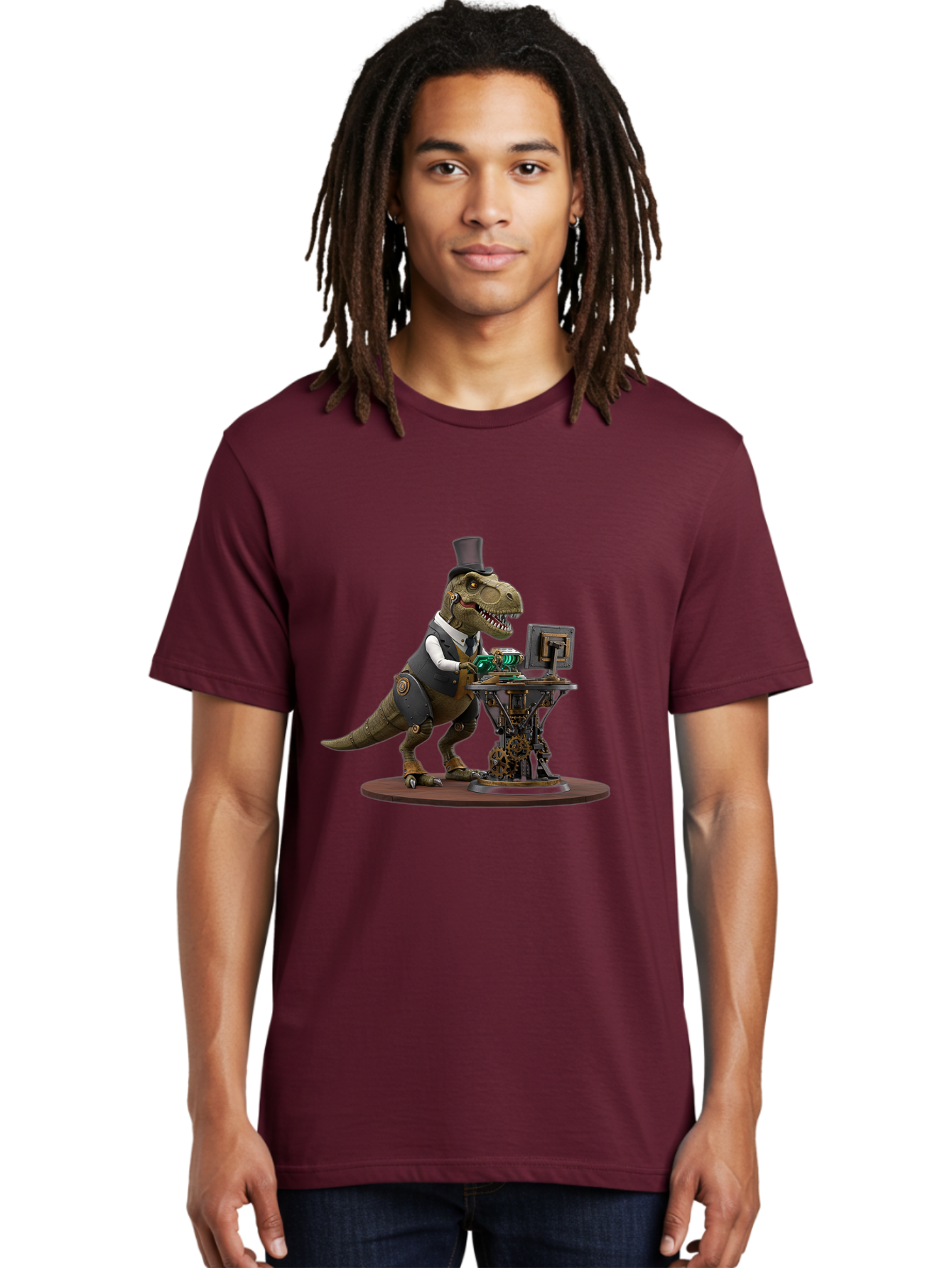 Dino-With-Top-Hat Men'S Graphic Tee, 100% Cotton, Comfortable Casual Summer Wear, Machine Washable, Robotic T-Rex, Top Hat, Steampunk, Computer, Steampunk Machinery, Metal Body, Cybernetic Dinosaur, Futuristic, Sci-Fi, Fantasy Creature, Bae437