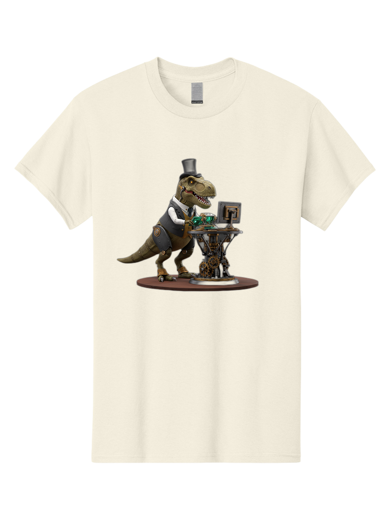 Dino-With-Top-Hat Men'S Graphic Tee, 100% Cotton, Comfortable Casual Summer Wear, Machine Washable, Robotic T-Rex, Top Hat, Steampunk, Computer, Steampunk Machinery, Metal Body, Cybernetic Dinosaur, Futuristic, Sci-Fi, Fantasy Creature, Bae437