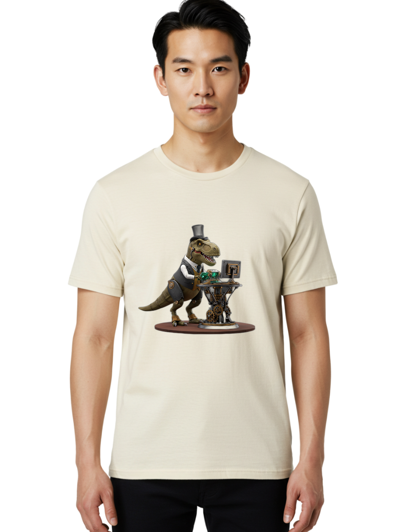 Dino-With-Top-Hat Men'S Graphic Tee, 100% Cotton, Comfortable Casual Summer Wear, Machine Washable, Robotic T-Rex, Top Hat, Steampunk, Computer, Steampunk Machinery, Metal Body, Cybernetic Dinosaur, Futuristic, Sci-Fi, Fantasy Creature, Bae437