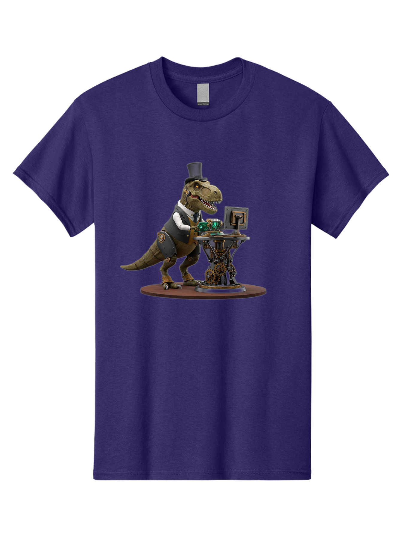 Dino-With-Top-Hat Men'S Graphic Tee, 100% Cotton, Comfortable Casual Summer Wear, Machine Washable, Robotic T-Rex, Top Hat, Steampunk, Computer, Steampunk Machinery, Metal Body, Cybernetic Dinosaur, Futuristic, Sci-Fi, Fantasy Creature, Bae437