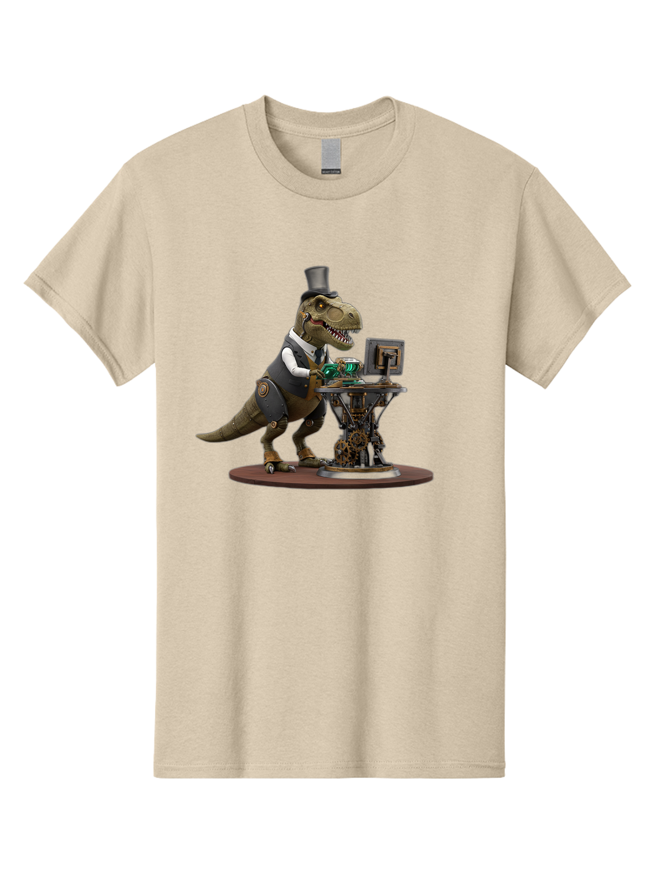 Dino-With-Top-Hat Men'S Graphic Tee, 100% Cotton, Comfortable Casual Summer Wear, Machine Washable, Robotic T-Rex, Top Hat, Steampunk, Computer, Steampunk Machinery, Metal Body, Cybernetic Dinosaur, Futuristic, Sci-Fi, Fantasy Creature, Bae437