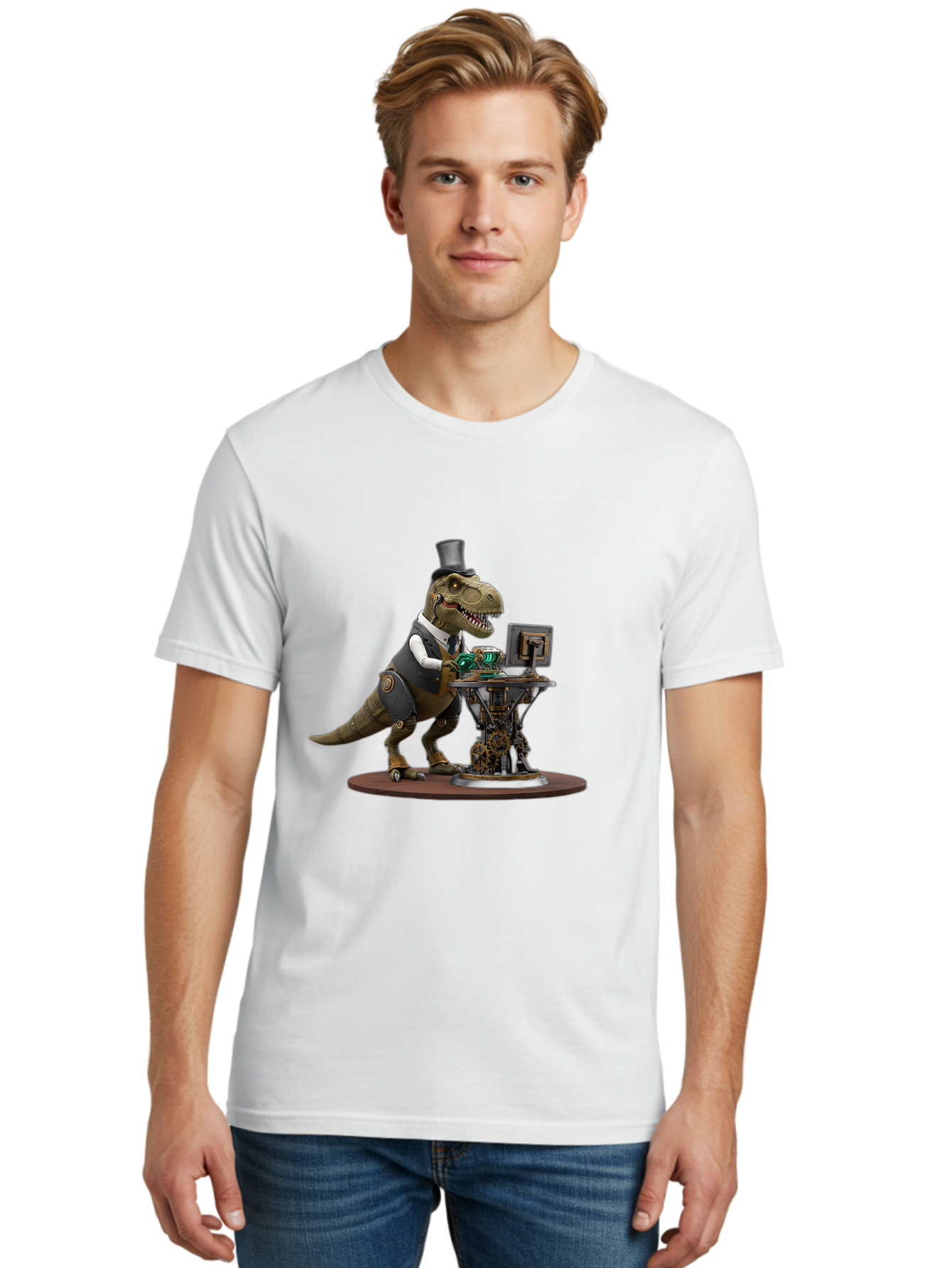 Dino-With-Top-Hat Men'S Graphic Tee, 100% Cotton, Comfortable Casual Summer Wear, Machine Washable, Robotic T-Rex, Top Hat, Steampunk, Computer, Steampunk Machinery, Metal Body, Cybernetic Dinosaur, Futuristic, Sci-Fi, Fantasy Creature, Bae437