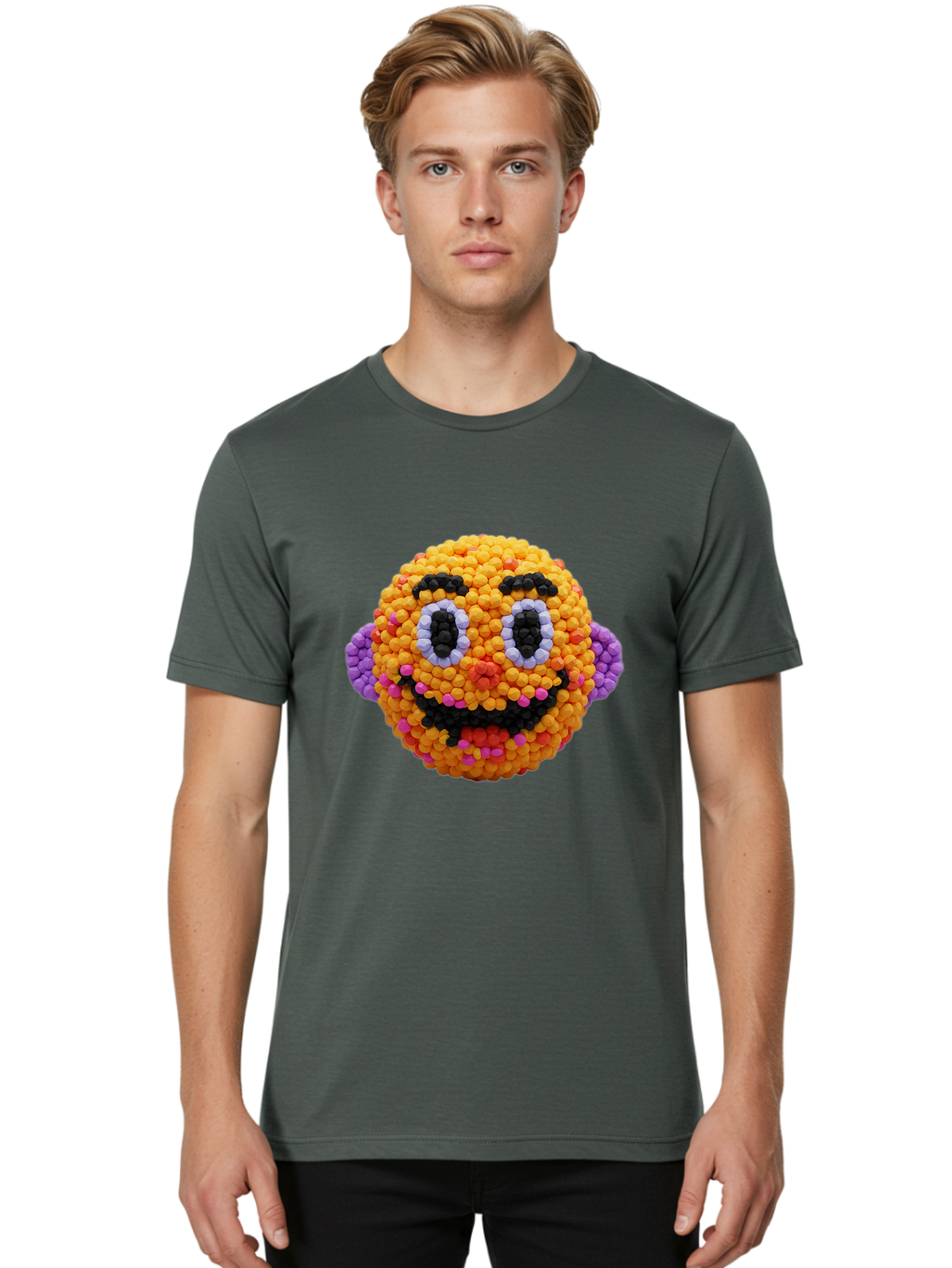 Ernie-Bead-Head Men'S Graphic Tee, 100% Cotton, Comfortable Casual Summer Wear, Machine Washable, Sesame Street Ernie, Bead Art, Colorful Character, Playful Design, Fun Toy, Creative Craft, 3D Art, Children'S Entertainment, Purple Ears, Bae443