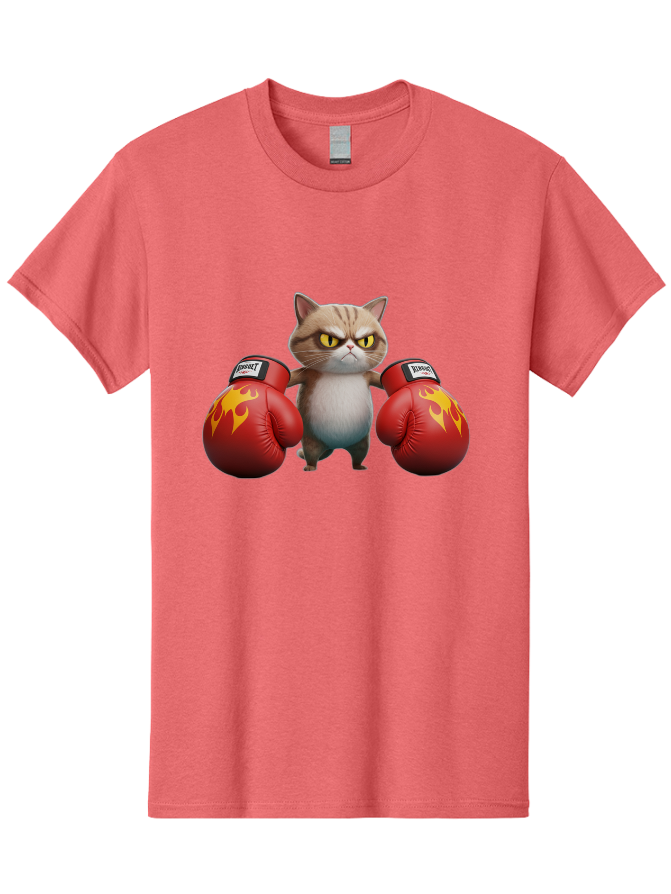 Expect-Cat-Boxer Men'S Graphic Tee, 100% Cotton, Comfortable Casual Summer Wear, Machine Washable, Aggressive Cat, Boxing Gloves, Fighting Cat, Expect Label, Feline Fighter, Cartoon Cat, Yellow Eyes, Red Gloves, Flame Design Bae444