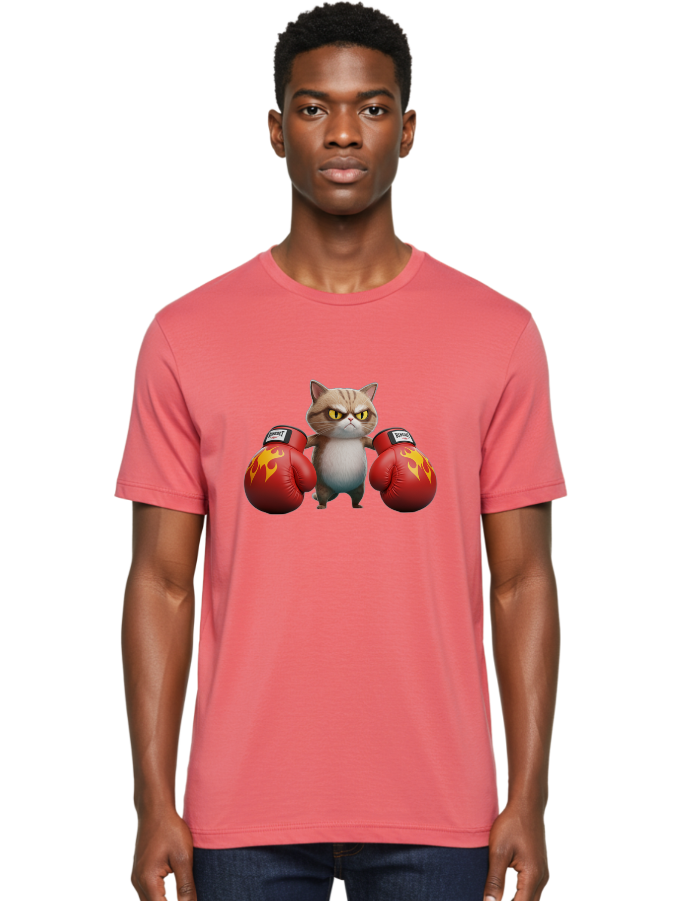 Expect-Cat-Boxer Men'S Graphic Tee, 100% Cotton, Comfortable Casual Summer Wear, Machine Washable, Aggressive Cat, Boxing Gloves, Fighting Cat, Expect Label, Feline Fighter, Cartoon Cat, Yellow Eyes, Red Gloves, Flame Design Bae444