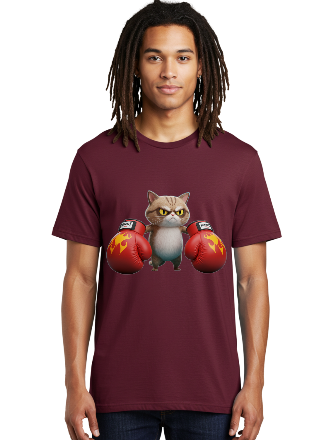 Expect-Cat-Boxer Men'S Graphic Tee, 100% Cotton, Comfortable Casual Summer Wear, Machine Washable, Aggressive Cat, Boxing Gloves, Fighting Cat, Expect Label, Feline Fighter, Cartoon Cat, Yellow Eyes, Red Gloves, Flame Design Bae444