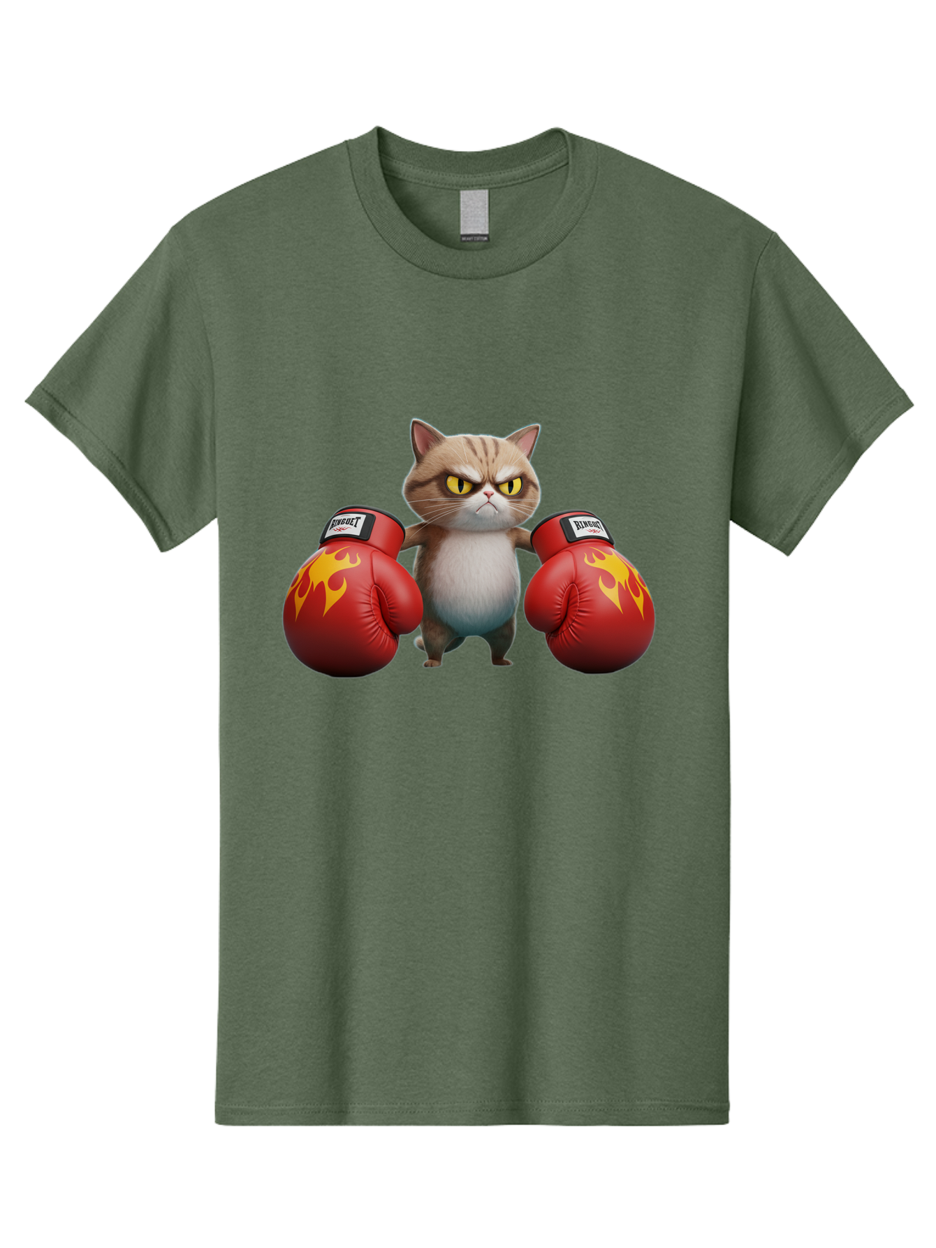 Expect-Cat-Boxer Men'S Graphic Tee, 100% Cotton, Comfortable Casual Summer Wear, Machine Washable, Aggressive Cat, Boxing Gloves, Fighting Cat, Expect Label, Feline Fighter, Cartoon Cat, Yellow Eyes, Red Gloves, Flame Design Bae444