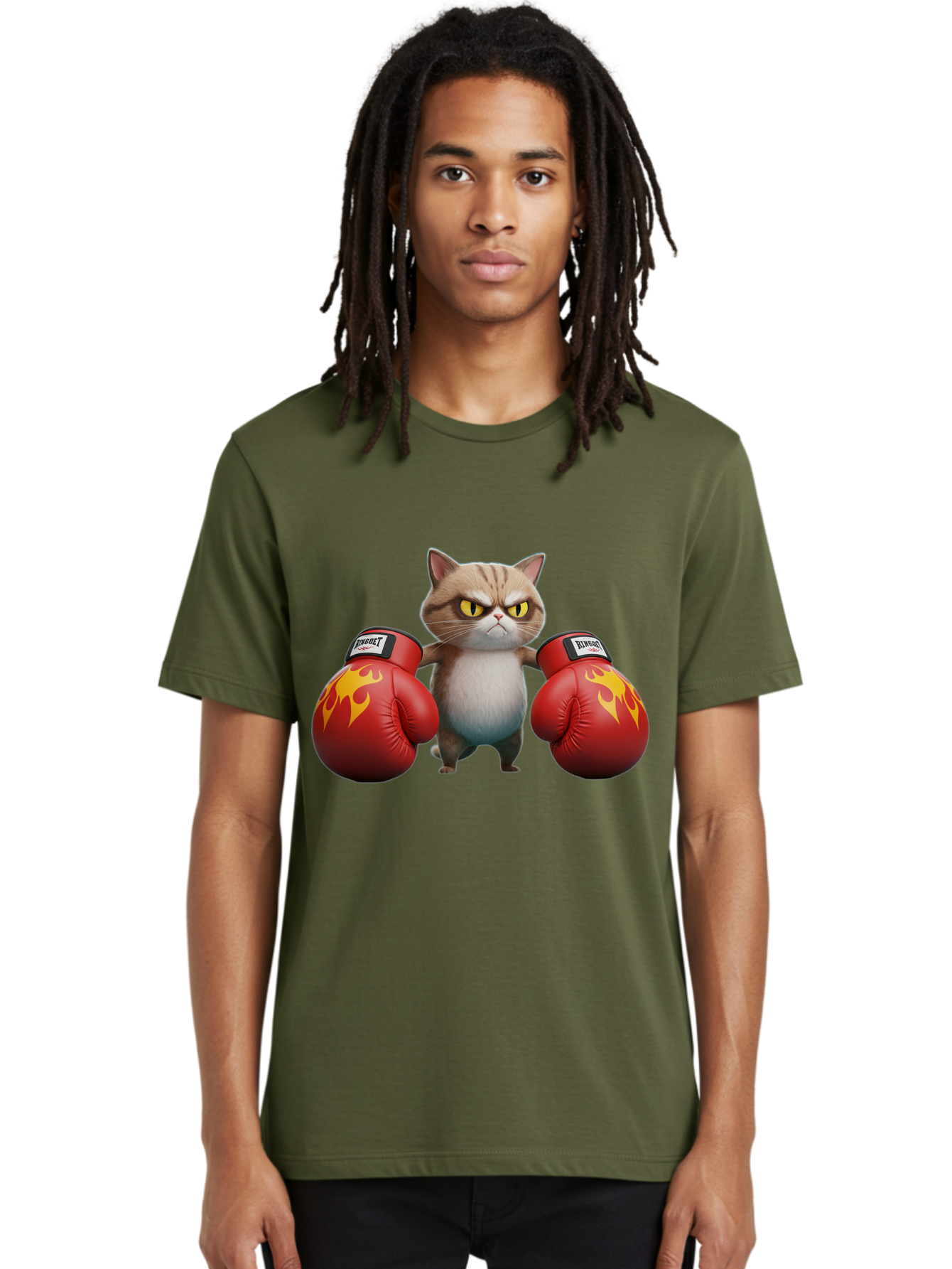 Expect-Cat-Boxer Men'S Graphic Tee, 100% Cotton, Comfortable Casual Summer Wear, Machine Washable, Aggressive Cat, Boxing Gloves, Fighting Cat, Expect Label, Feline Fighter, Cartoon Cat, Yellow Eyes, Red Gloves, Flame Design Bae444