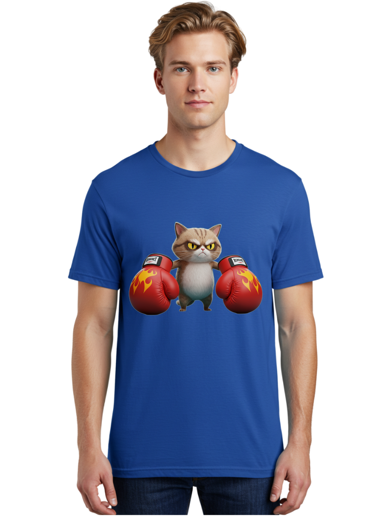 Expect-Cat-Boxer Men'S Graphic Tee, 100% Cotton, Comfortable Casual Summer Wear, Machine Washable, Aggressive Cat, Boxing Gloves, Fighting Cat, Expect Label, Feline Fighter, Cartoon Cat, Yellow Eyes, Red Gloves, Flame Design Bae444