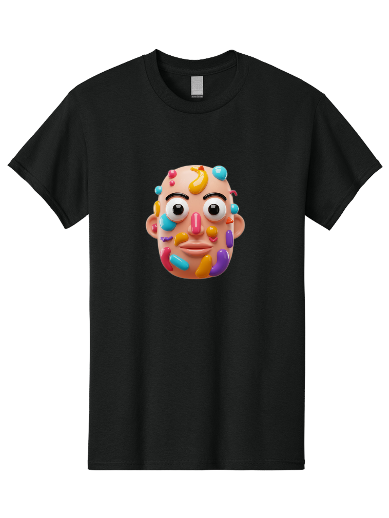 Face-With-Jelly-Beans Men'S Graphic Tee, 100% Cotton, Comfortable Casual Summer Wear, Machine Washable, Cartoon Head, Colorful Face, 3D Rendering, Vibrant Colors, Playful Design, Exaggerated Features, Creative Art, Digital Illustration, Bae445
