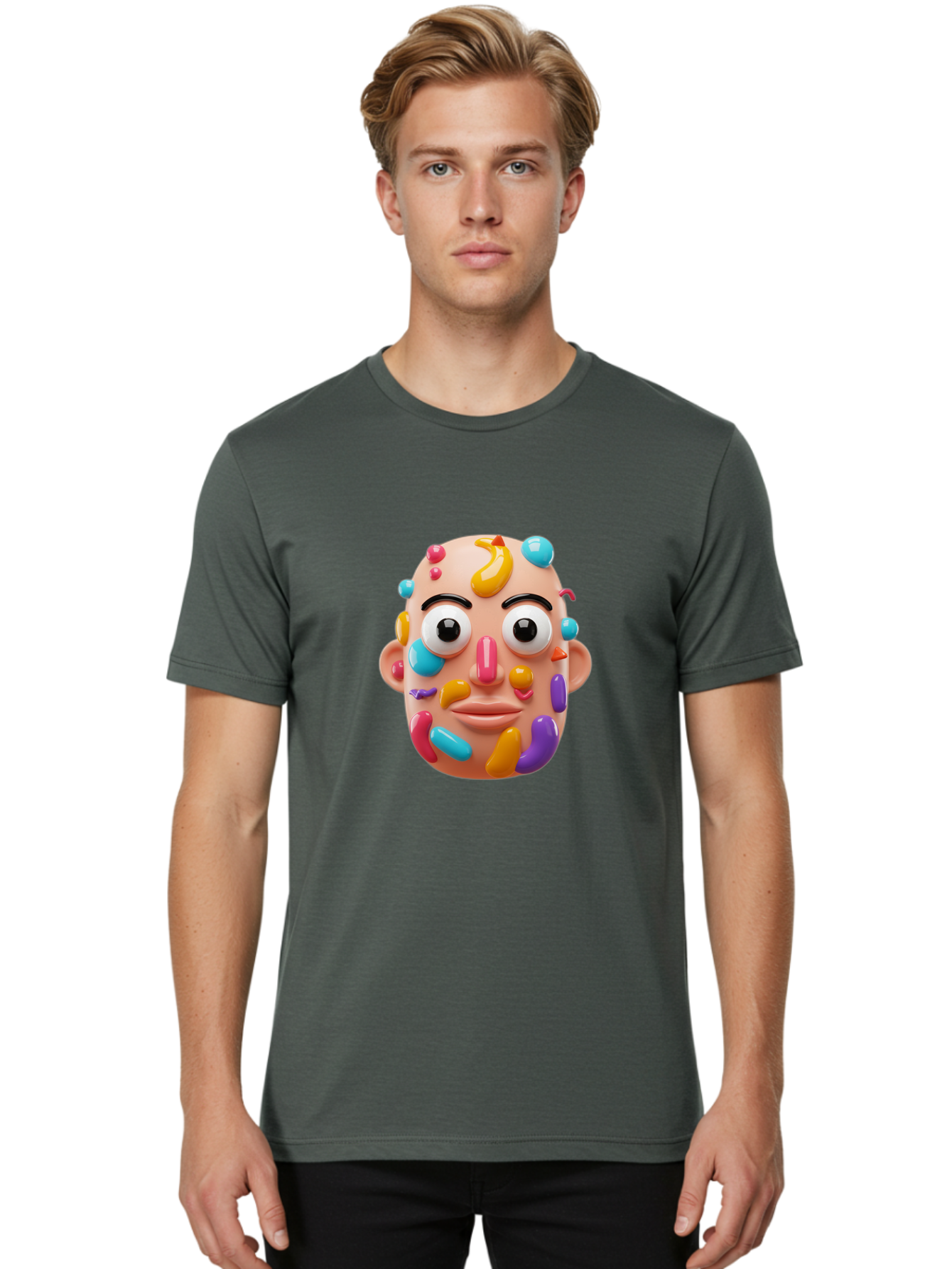 Face-With-Jelly-Beans Men'S Graphic Tee, 100% Cotton, Comfortable Casual Summer Wear, Machine Washable, Cartoon Head, Colorful Face, 3D Rendering, Vibrant Colors, Playful Design, Exaggerated Features, Creative Art, Digital Illustration, Bae445
