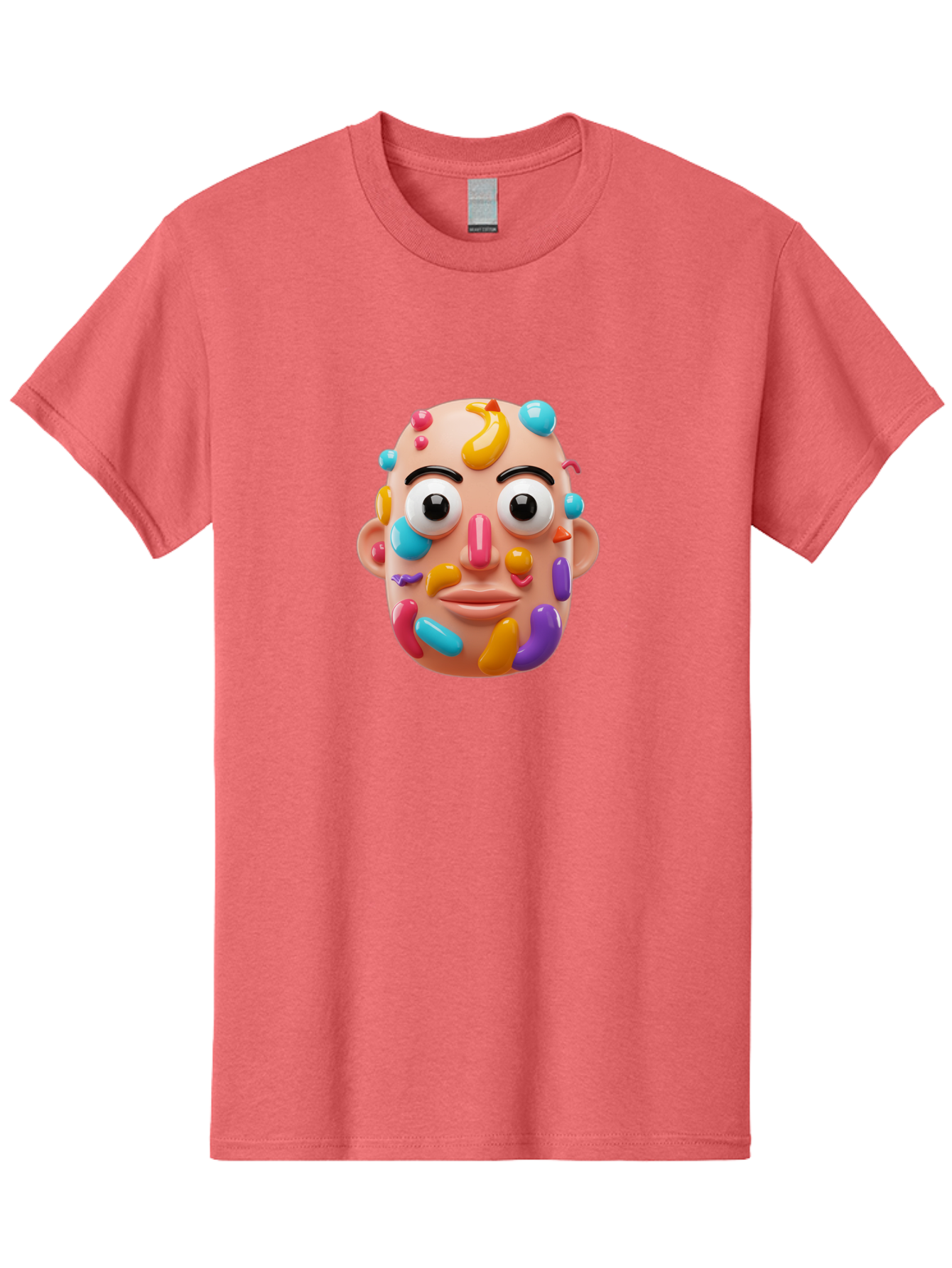 Face-With-Jelly-Beans Men'S Graphic Tee, 100% Cotton, Comfortable Casual Summer Wear, Machine Washable, Cartoon Head, Colorful Face, 3D Rendering, Vibrant Colors, Playful Design, Exaggerated Features, Creative Art, Digital Illustration, Bae445
