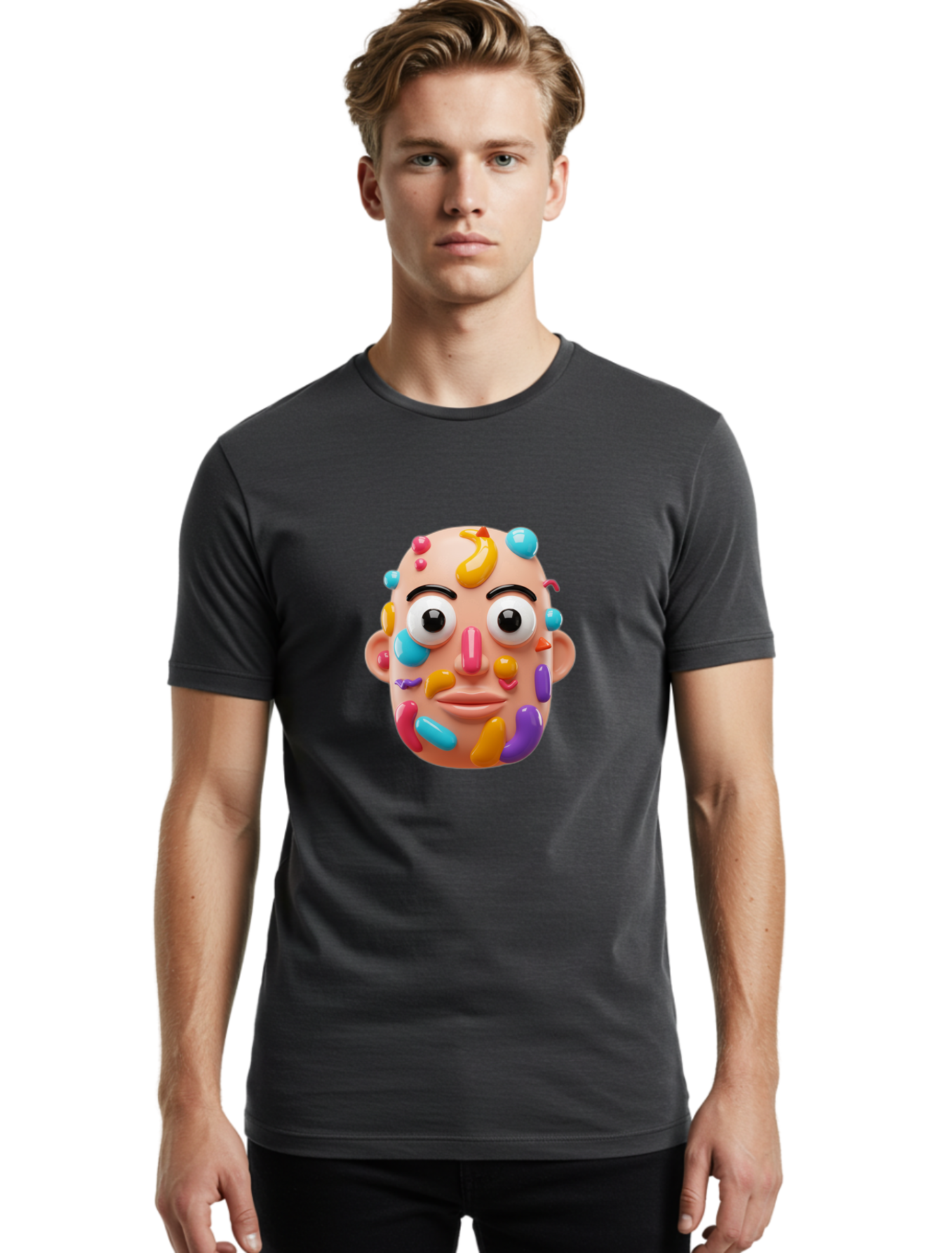 Face-With-Jelly-Beans Men'S Graphic Tee, 100% Cotton, Comfortable Casual Summer Wear, Machine Washable, Cartoon Head, Colorful Face, 3D Rendering, Vibrant Colors, Playful Design, Exaggerated Features, Creative Art, Digital Illustration, Bae445