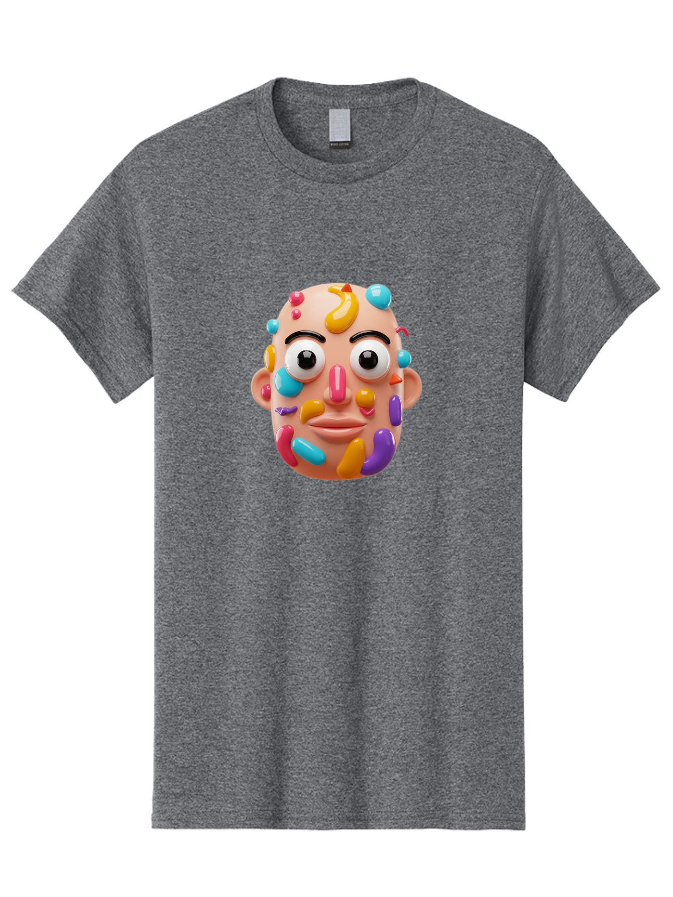Face-With-Jelly-Beans Men'S Graphic Tee, 100% Cotton, Comfortable Casual Summer Wear, Machine Washable, Cartoon Head, Colorful Face, 3D Rendering, Vibrant Colors, Playful Design, Exaggerated Features, Creative Art, Digital Illustration, Bae445