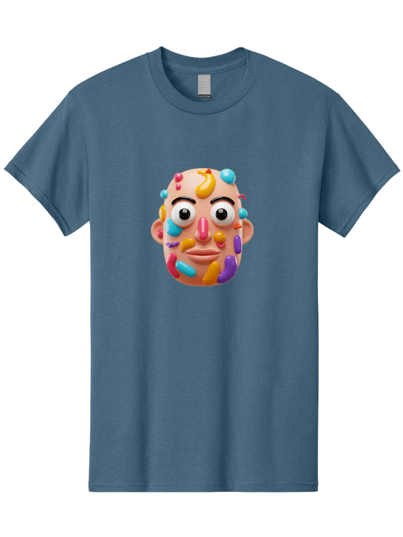 Face-With-Jelly-Beans Men'S Graphic Tee, 100% Cotton, Comfortable Casual Summer Wear, Machine Washable, Cartoon Head, Colorful Face, 3D Rendering, Vibrant Colors, Playful Design, Exaggerated Features, Creative Art, Digital Illustration, Bae445