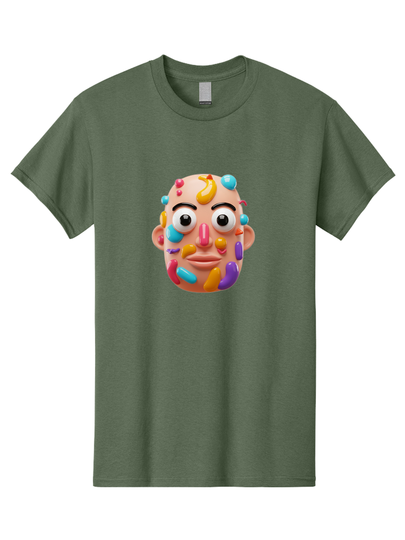 Face-With-Jelly-Beans Men'S Graphic Tee, 100% Cotton, Comfortable Casual Summer Wear, Machine Washable, Cartoon Head, Colorful Face, 3D Rendering, Vibrant Colors, Playful Design, Exaggerated Features, Creative Art, Digital Illustration, Bae445