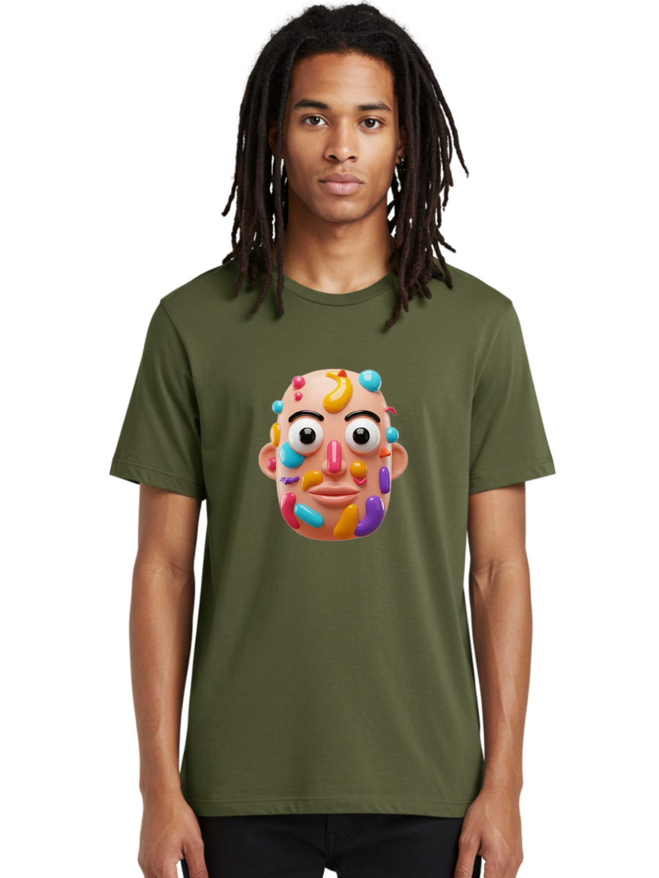 Face-With-Jelly-Beans Men'S Graphic Tee, 100% Cotton, Comfortable Casual Summer Wear, Machine Washable, Cartoon Head, Colorful Face, 3D Rendering, Vibrant Colors, Playful Design, Exaggerated Features, Creative Art, Digital Illustration, Bae445