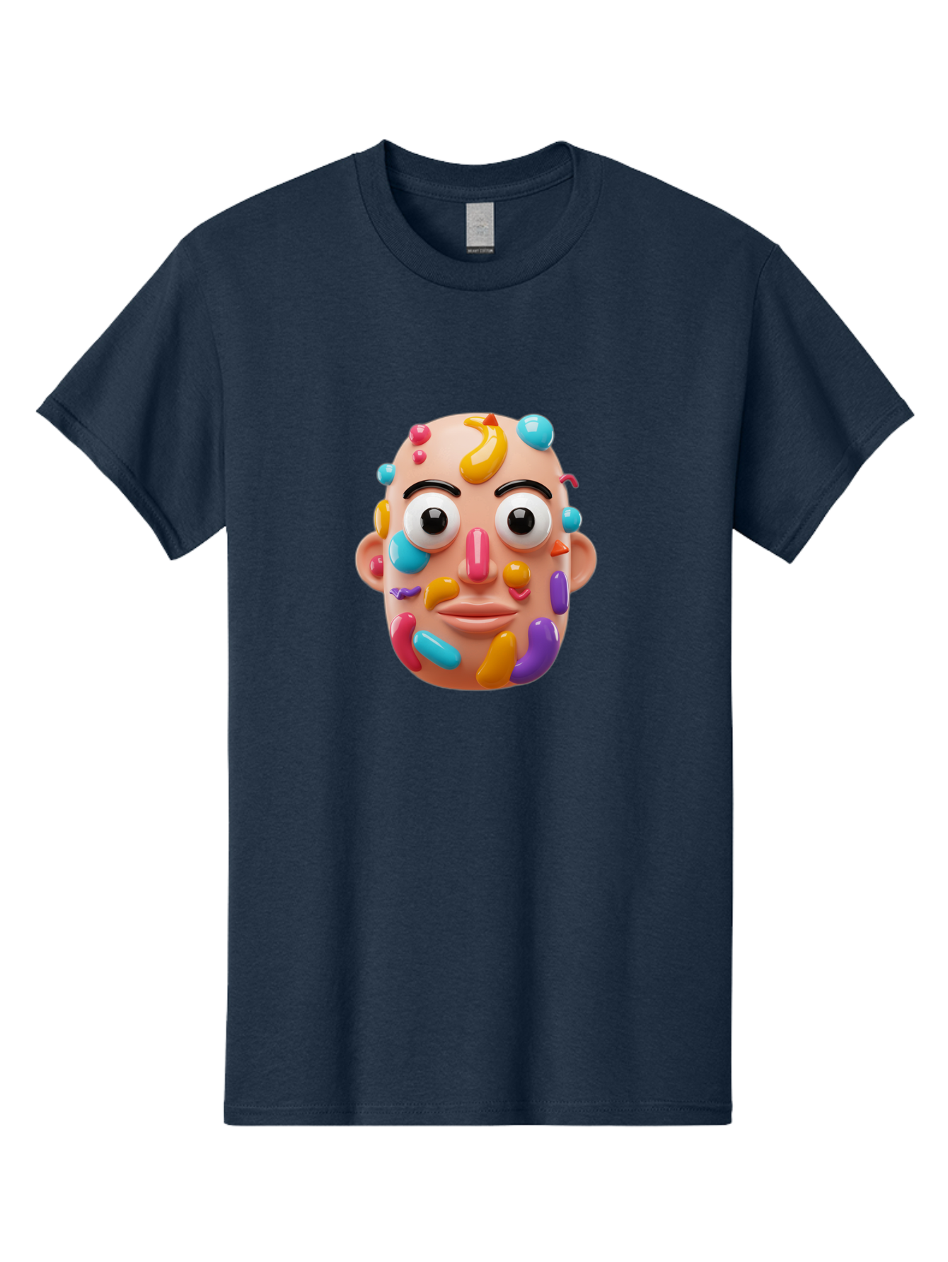 Face-With-Jelly-Beans Men'S Graphic Tee, 100% Cotton, Comfortable Casual Summer Wear, Machine Washable, Cartoon Head, Colorful Face, 3D Rendering, Vibrant Colors, Playful Design, Exaggerated Features, Creative Art, Digital Illustration, Bae445
