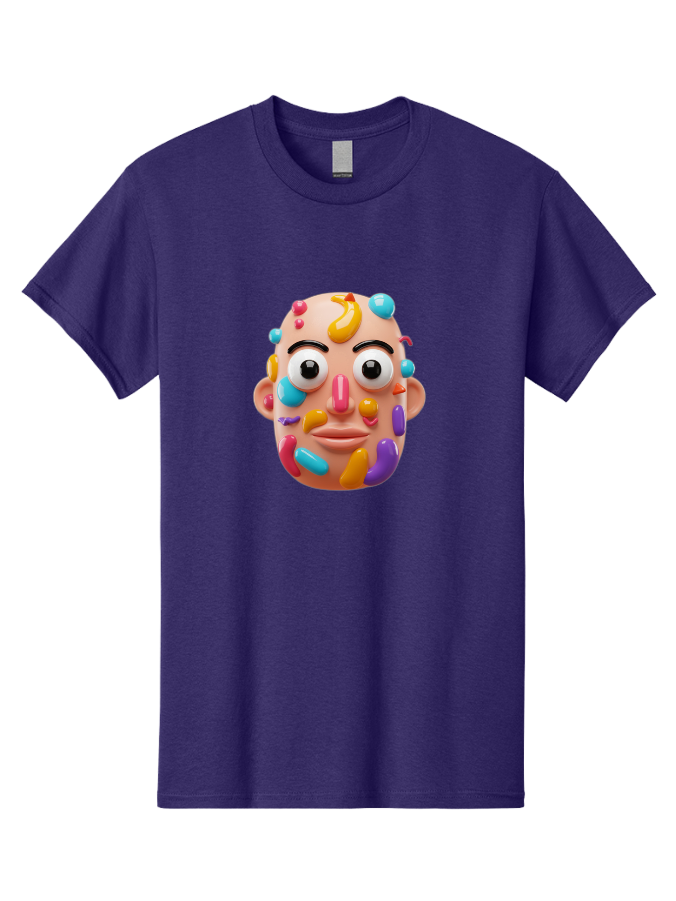 Face-With-Jelly-Beans Men'S Graphic Tee, 100% Cotton, Comfortable Casual Summer Wear, Machine Washable, Cartoon Head, Colorful Face, 3D Rendering, Vibrant Colors, Playful Design, Exaggerated Features, Creative Art, Digital Illustration, Bae445