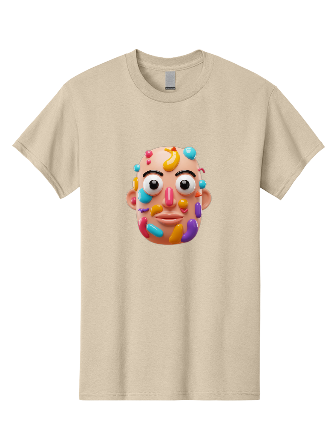 Face-With-Jelly-Beans Men'S Graphic Tee, 100% Cotton, Comfortable Casual Summer Wear, Machine Washable, Cartoon Head, Colorful Face, 3D Rendering, Vibrant Colors, Playful Design, Exaggerated Features, Creative Art, Digital Illustration, Bae445