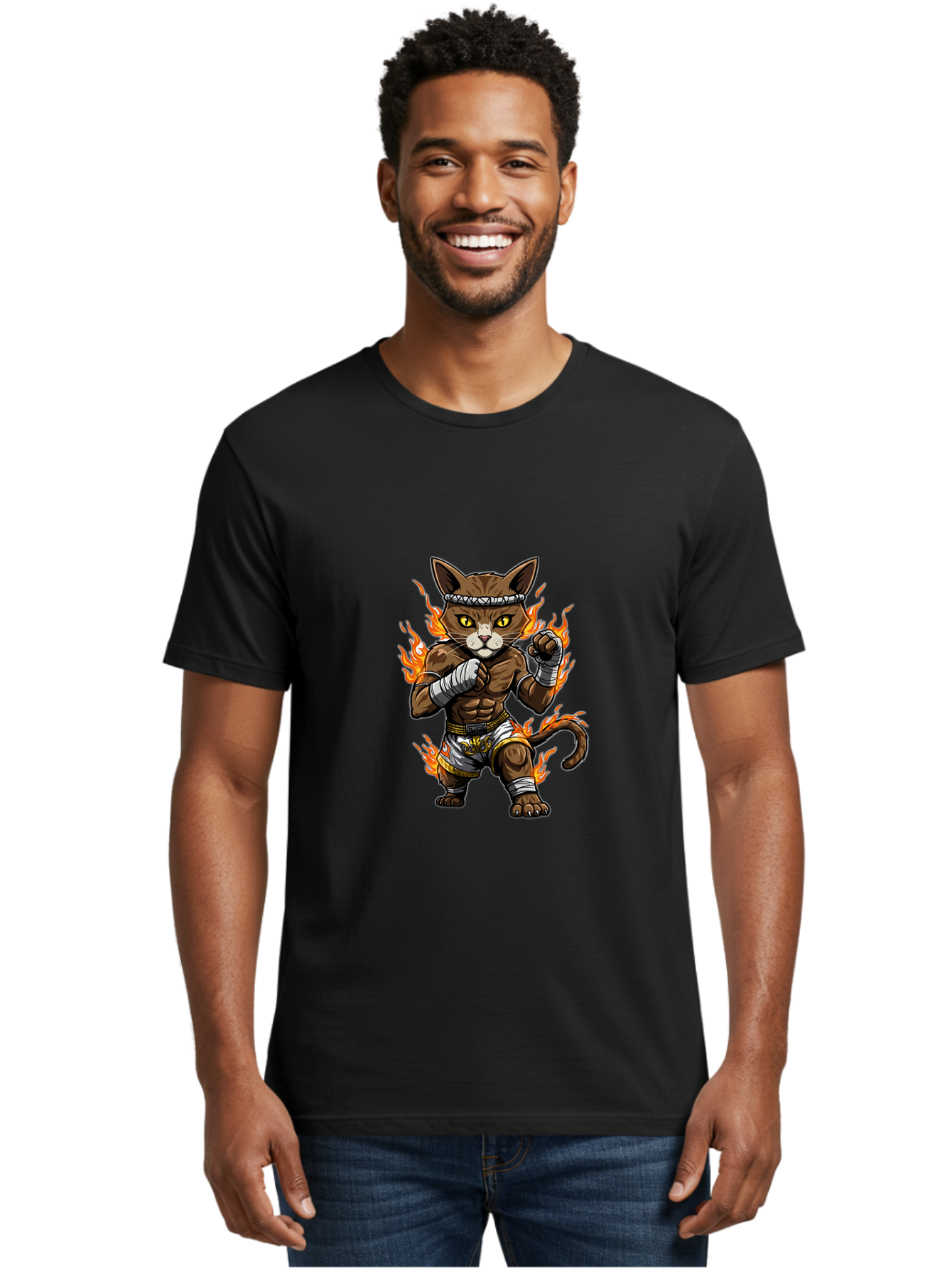 Fighter-Cat Men'S Graphic Tee, 100% Cotton, Comfortable Casual Summer Wear, Machine Washable, Cartoon Cat, Muay Thai Fighter, Martial Arts, Combat Sports, Fighting Stance, Boxing Gloves, Flames, Aggressive Posture, Anthropomorphic Cat, Bae446