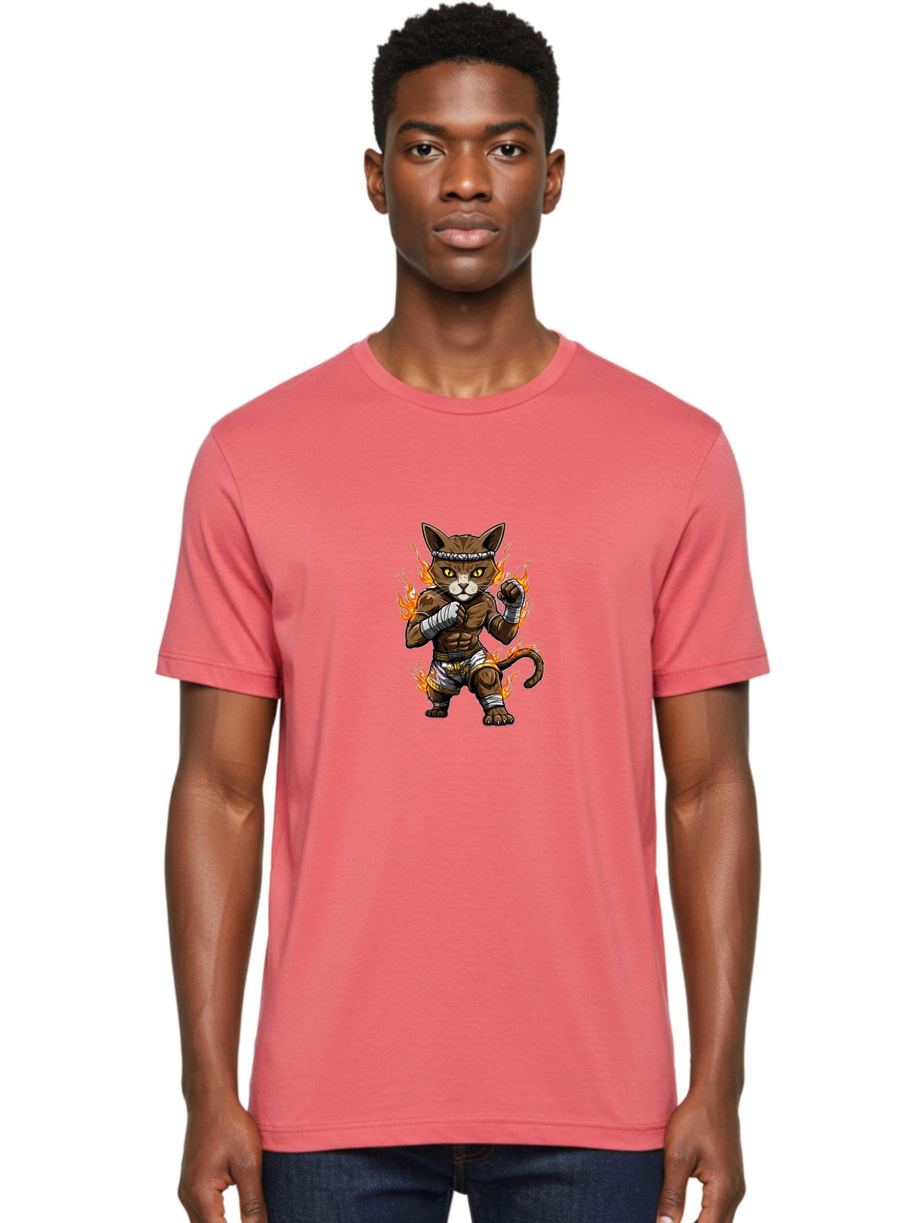 Fighter-Cat Men'S Graphic Tee, 100% Cotton, Comfortable Casual Summer Wear, Machine Washable, Cartoon Cat, Muay Thai Fighter, Martial Arts, Combat Sports, Fighting Stance, Boxing Gloves, Flames, Aggressive Posture, Anthropomorphic Cat, Bae446