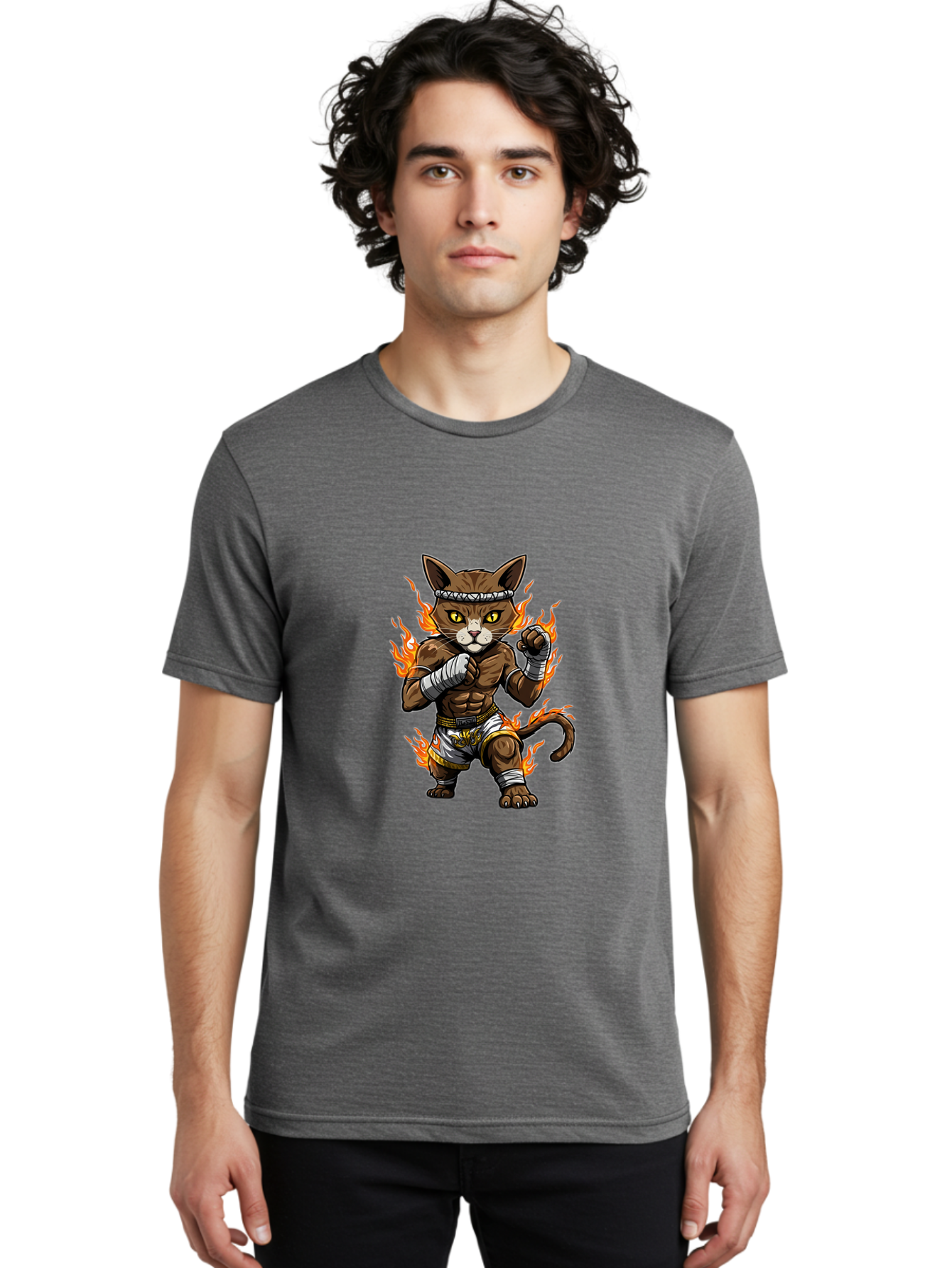 Fighter-Cat Men'S Graphic Tee, 100% Cotton, Comfortable Casual Summer Wear, Machine Washable, Cartoon Cat, Muay Thai Fighter, Martial Arts, Combat Sports, Fighting Stance, Boxing Gloves, Flames, Aggressive Posture, Anthropomorphic Cat, Bae446