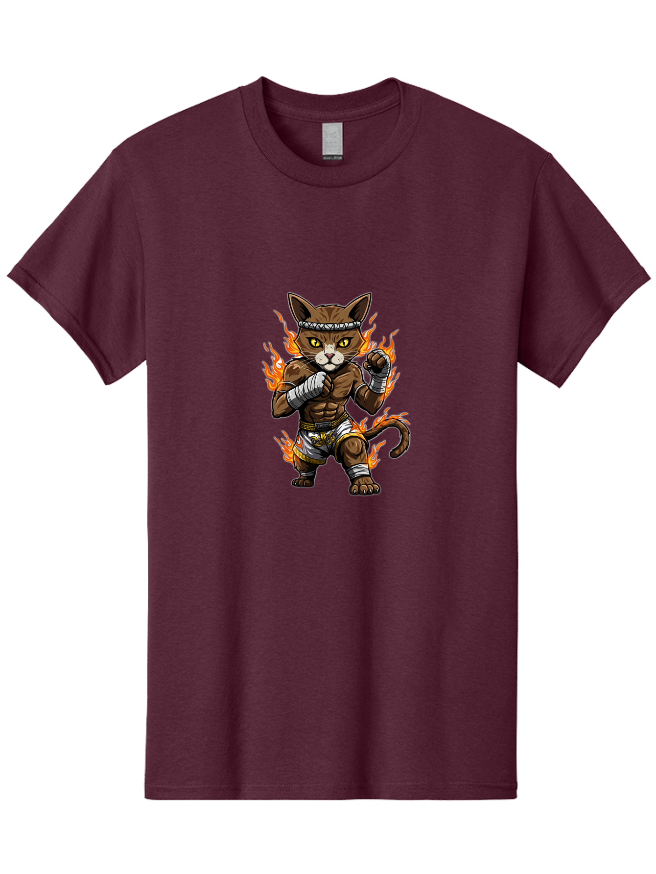 Fighter-Cat Men'S Graphic Tee, 100% Cotton, Comfortable Casual Summer Wear, Machine Washable, Cartoon Cat, Muay Thai Fighter, Martial Arts, Combat Sports, Fighting Stance, Boxing Gloves, Flames, Aggressive Posture, Anthropomorphic Cat, Bae446