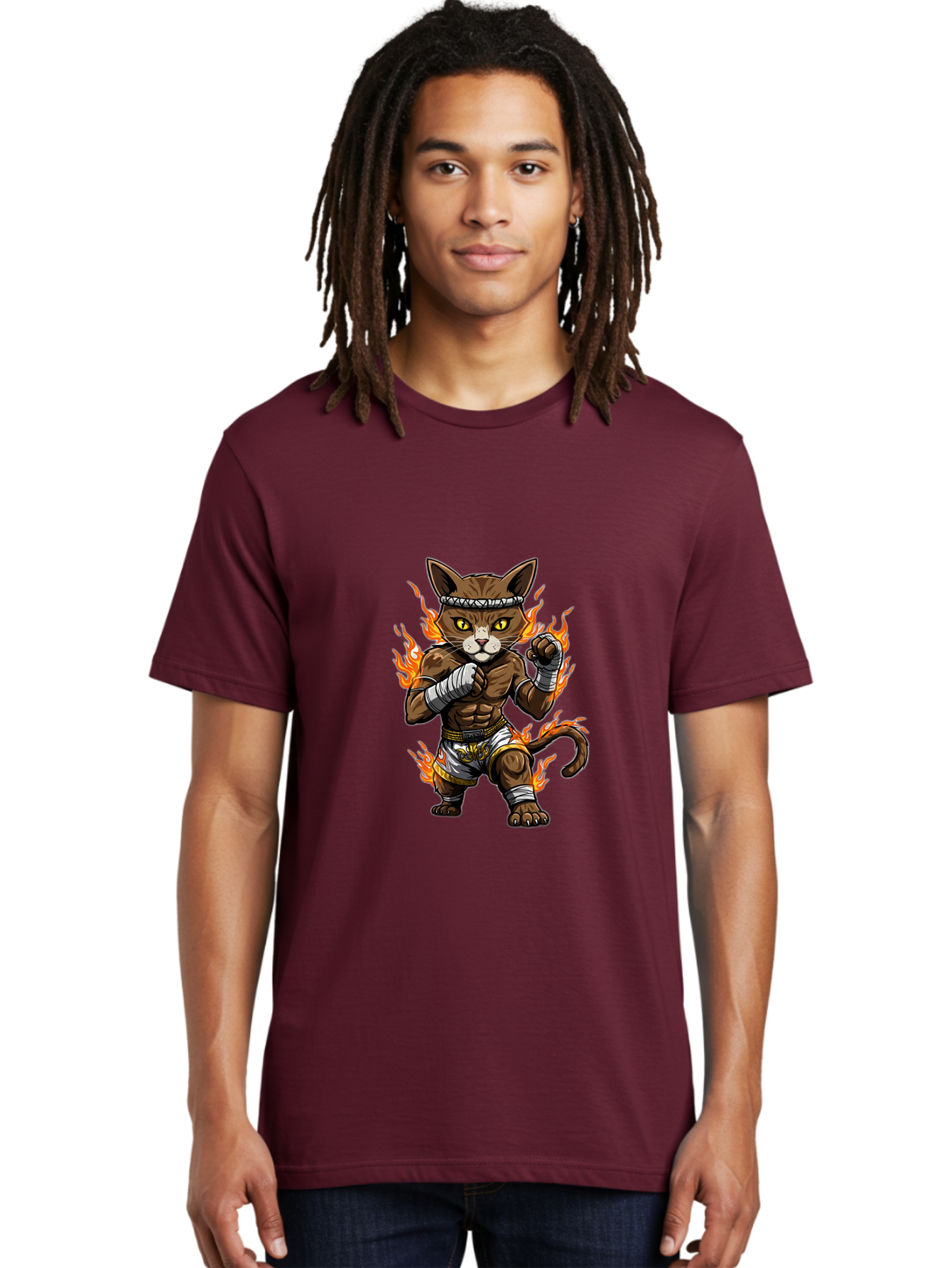 Fighter-Cat Men'S Graphic Tee, 100% Cotton, Comfortable Casual Summer Wear, Machine Washable, Cartoon Cat, Muay Thai Fighter, Martial Arts, Combat Sports, Fighting Stance, Boxing Gloves, Flames, Aggressive Posture, Anthropomorphic Cat, Bae446