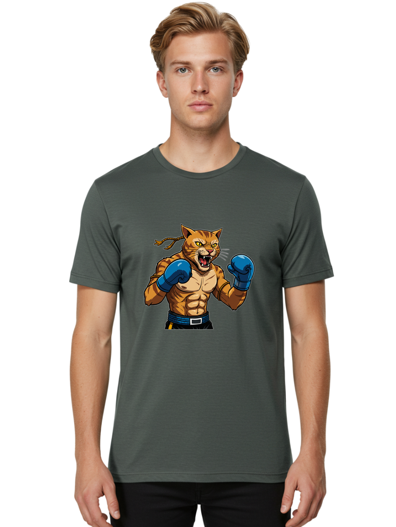 Fighting-Cat Men'S Graphic Tee, 100% Cotton, Comfortable Casual Summer Wear, Machine Washable, Muscular Cat, Boxing Gloves, Anime Style, Aggressive Stance, Fighting Cat, Cartoon Character, Strong Cat, Determined Expression, Braided Hair, Bae447