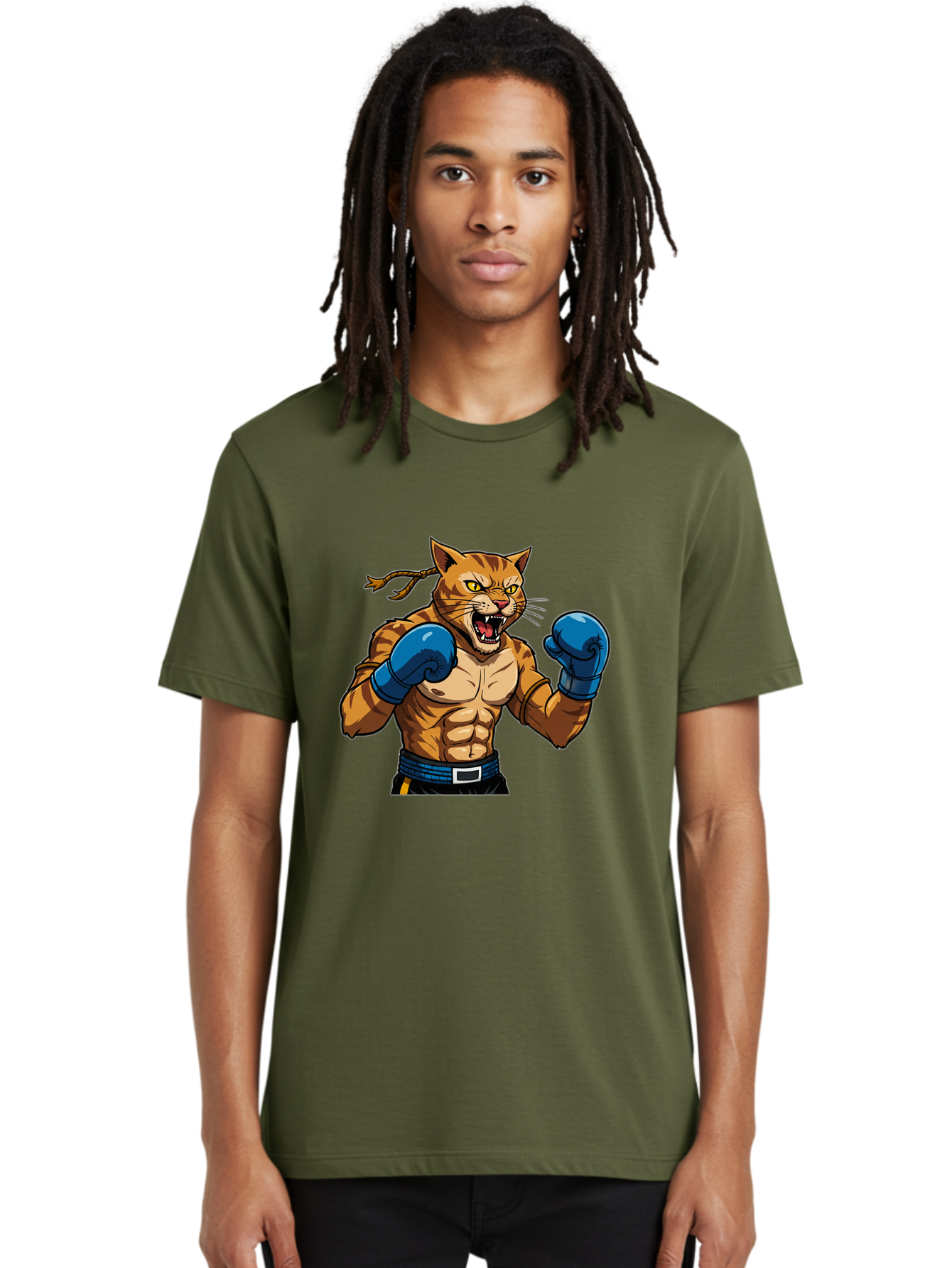 Fighting-Cat Men'S Graphic Tee, 100% Cotton, Comfortable Casual Summer Wear, Machine Washable, Muscular Cat, Boxing Gloves, Anime Style, Aggressive Stance, Fighting Cat, Cartoon Character, Strong Cat, Determined Expression, Braided Hair, Bae447