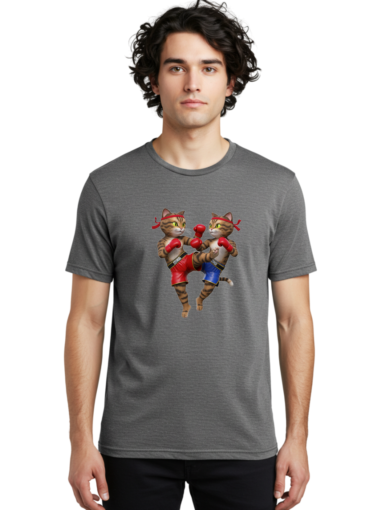 Fighting-Cats Men'S Graphic Tee, 100% Cotton, Comfortable Casual Summer Wear, Machine Washable, Cartoon Cats Boxing, Martial Arts Fight, Red And Blue Boxing Shorts, Red Boxing Gloves, Kofre Brand, Fighting Cats, Cartoon Characters, Bae448