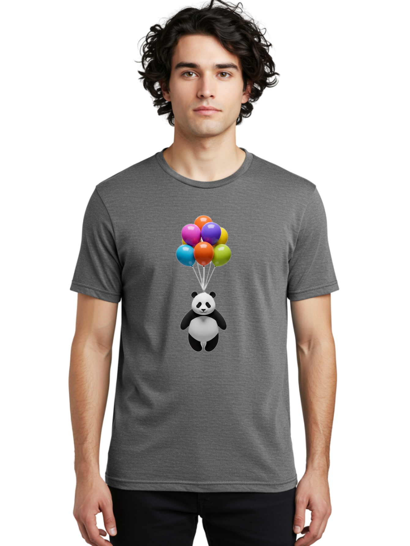 Floating-Panda Men'S Graphic Tee, 100% Cotton, Comfortable Casual Summer Wear, Machine Washable, Cartoon Panda, Floating Panda, Colorful Balloons, Whimsical Design, Cute Character, Playful Illustration, 3D Graphic, Panda Bear, Bae450