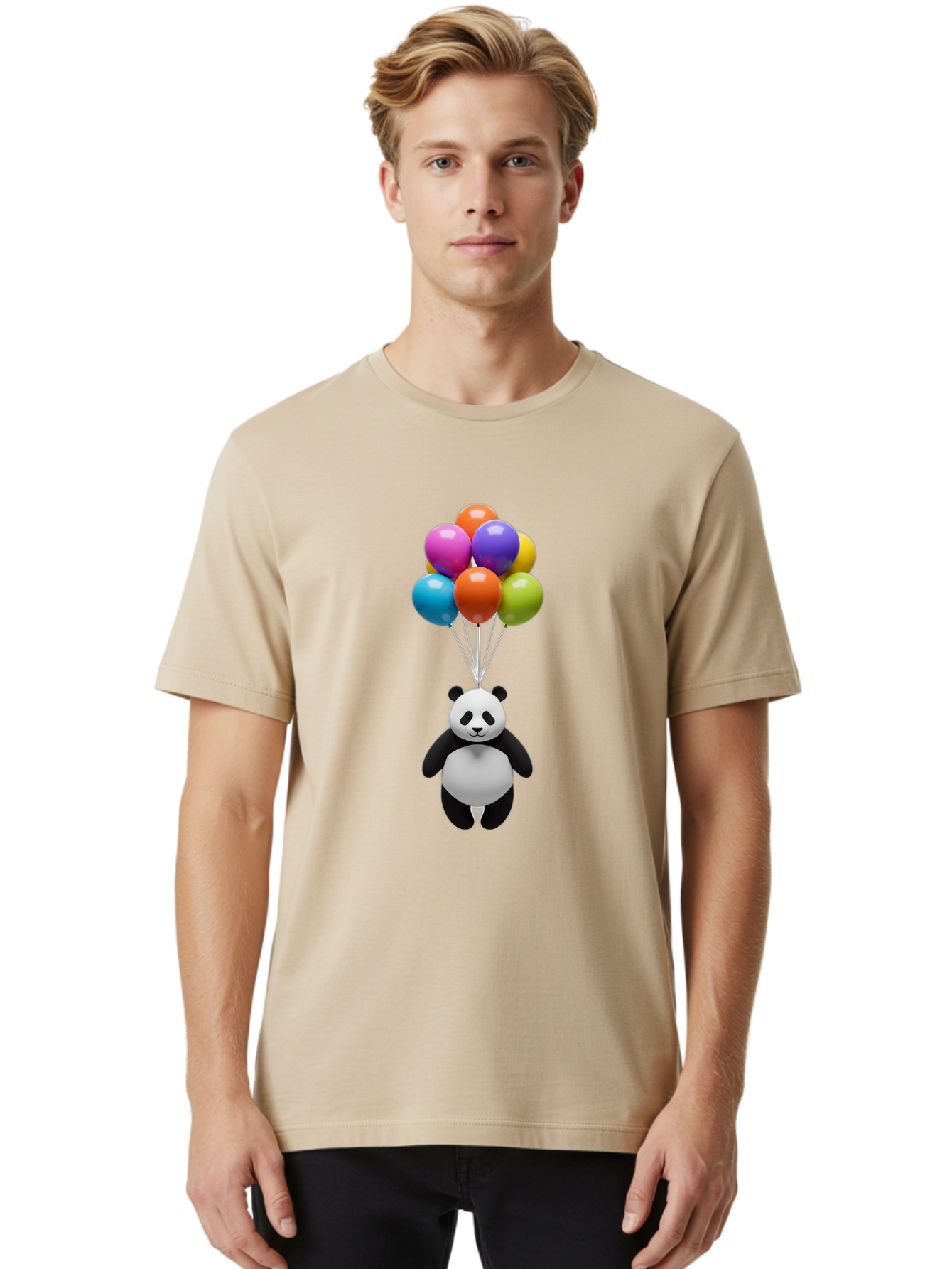 Floating-Panda Men'S Graphic Tee, 100% Cotton, Comfortable Casual Summer Wear, Machine Washable, Cartoon Panda, Floating Panda, Colorful Balloons, Whimsical Design, Cute Character, Playful Illustration, 3D Graphic, Panda Bear, Bae450