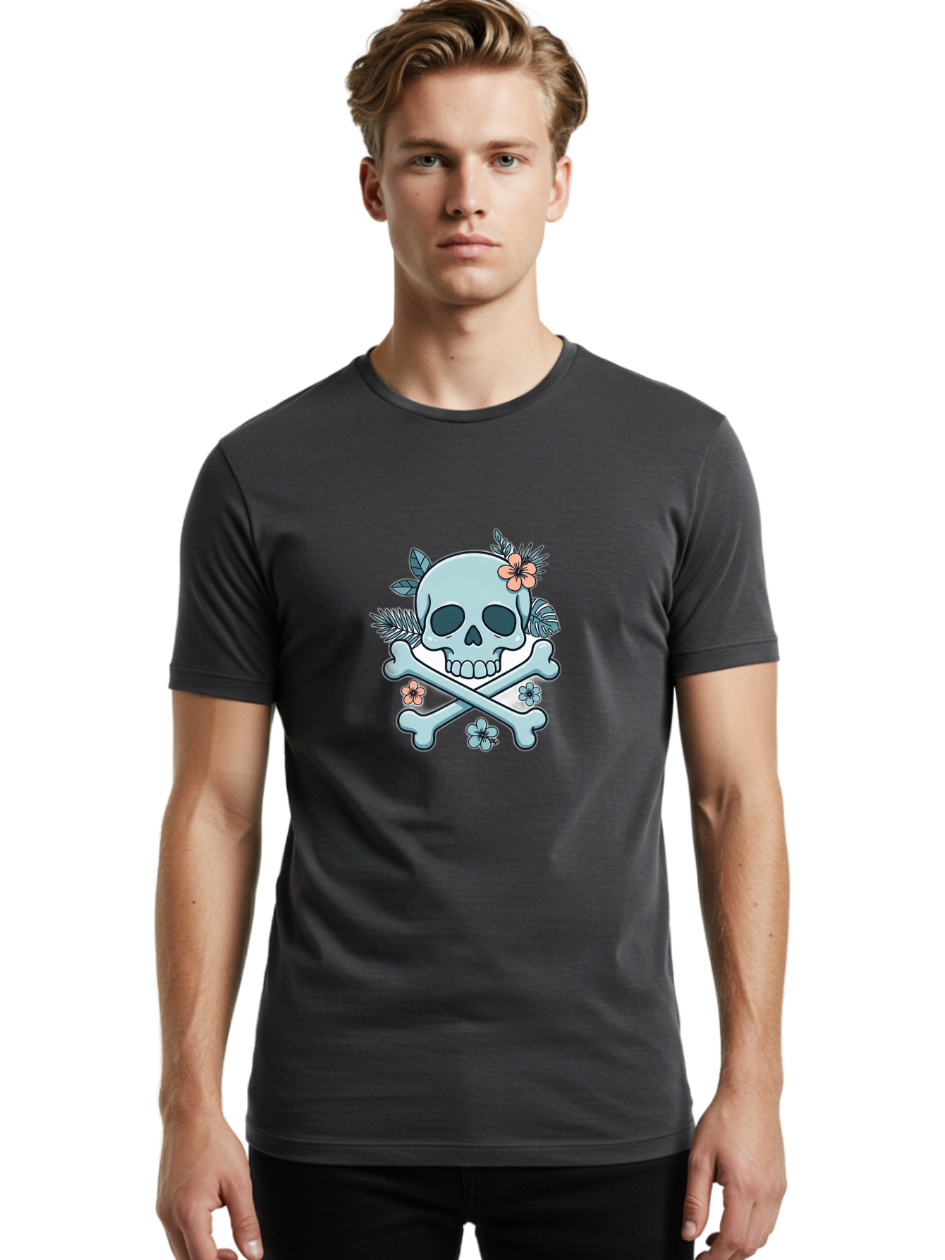 Floral-Skull Men'S Graphic Tee, 100% Cotton, Comfortable Casual Summer Wear, Machine Washable, Skull And Crossbones, Jolly Roger, Pirate Symbol, Floral Design, Colorful Tattoo Art, Gothic Decoration, Crossbones With Flowers, Flower Skull, Bae451