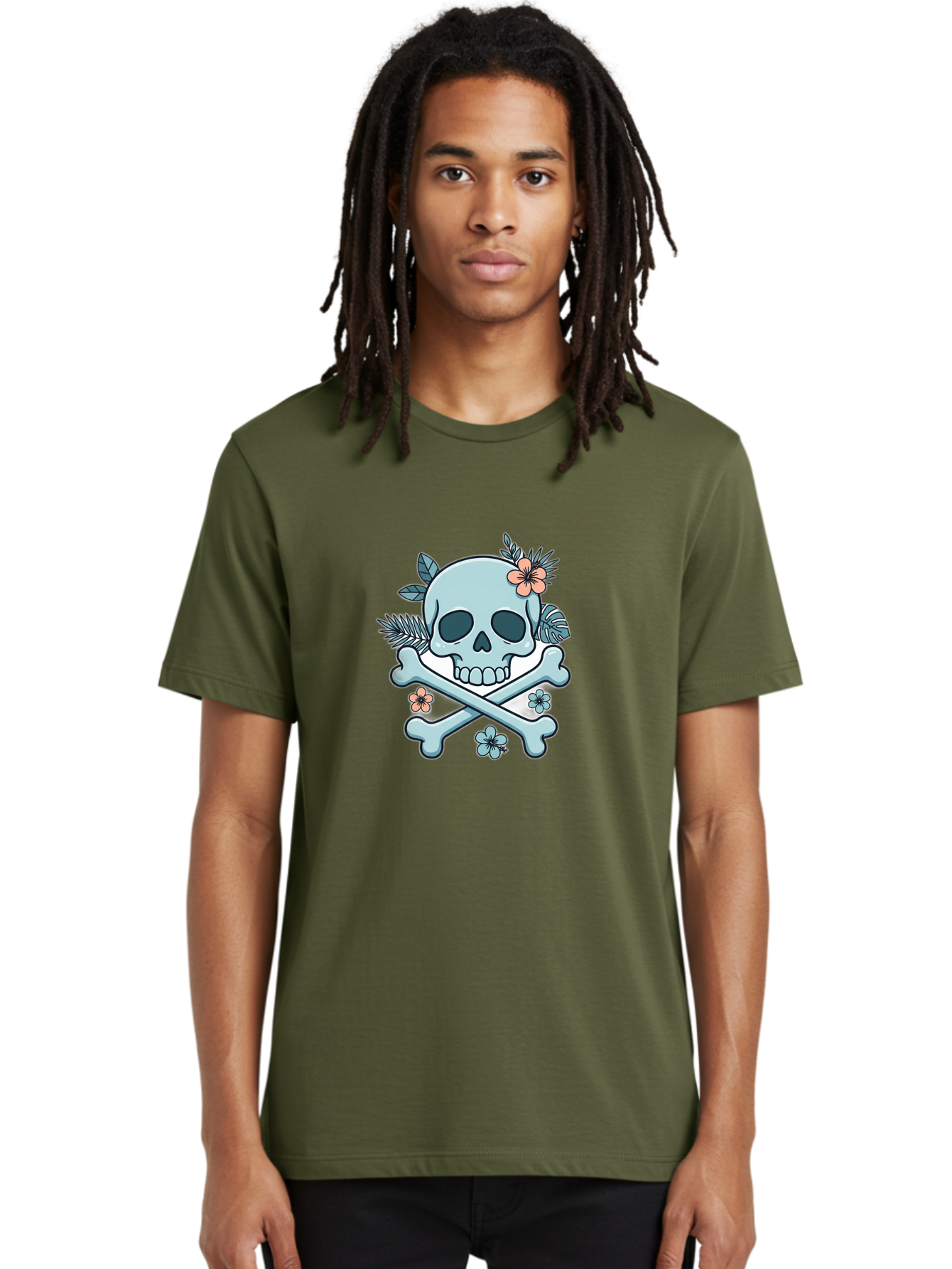 Floral-Skull Men'S Graphic Tee, 100% Cotton, Comfortable Casual Summer Wear, Machine Washable, Skull And Crossbones, Jolly Roger, Pirate Symbol, Floral Design, Colorful Tattoo Art, Gothic Decoration, Crossbones With Flowers, Flower Skull, Bae451
