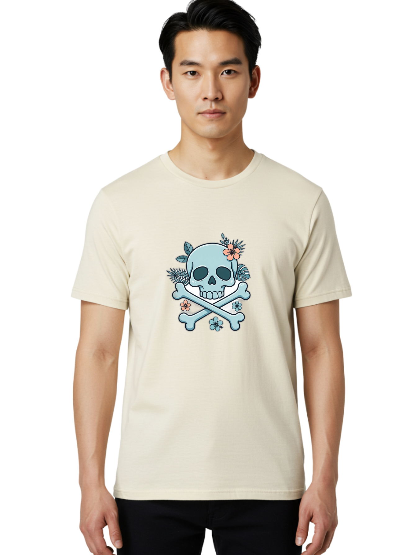 Floral-Skull Men'S Graphic Tee, 100% Cotton, Comfortable Casual Summer Wear, Machine Washable, Skull And Crossbones, Jolly Roger, Pirate Symbol, Floral Design, Colorful Tattoo Art, Gothic Decoration, Crossbones With Flowers, Flower Skull, Bae451