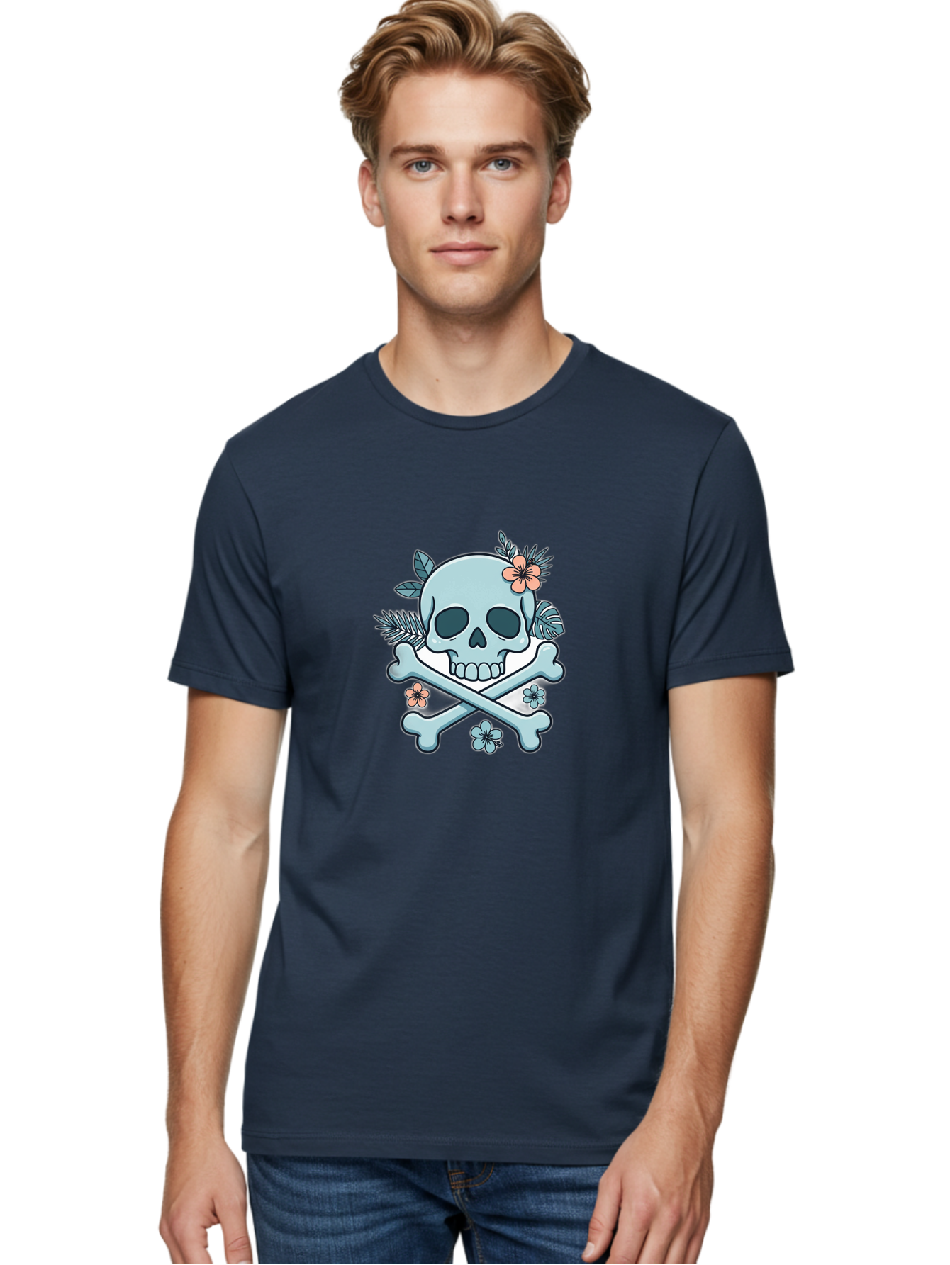 Floral-Skull Men'S Graphic Tee, 100% Cotton, Comfortable Casual Summer Wear, Machine Washable, Skull And Crossbones, Jolly Roger, Pirate Symbol, Floral Design, Colorful Tattoo Art, Gothic Decoration, Crossbones With Flowers, Flower Skull, Bae451